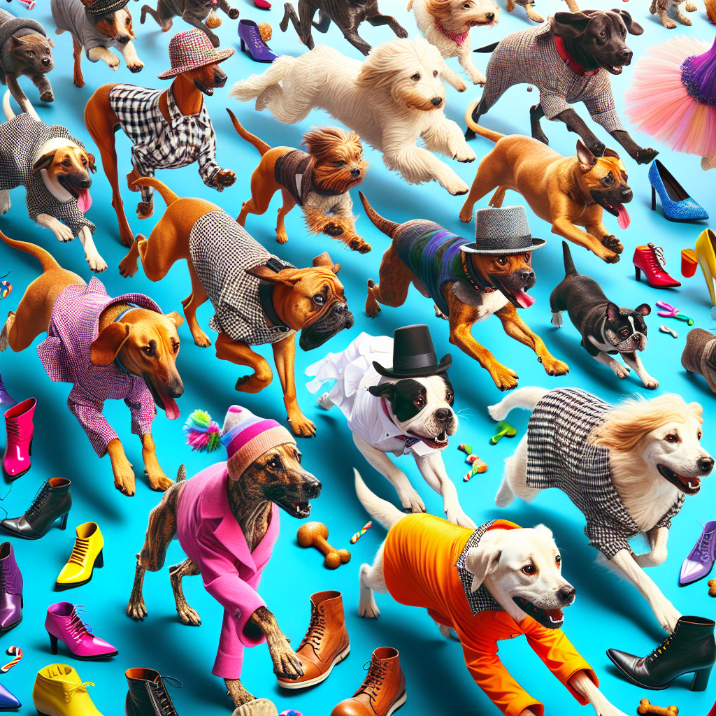 Create an image of an amusing and chaotic birthday party for hounds where dogs of various breed and physical traits are dressed in fashionable ensembles are sprinting toward a finish line filled with tempting treats. Each pooch is donned in snappy attire and chic shoes, stumbling and racing over oversized, vibrant footwear randomly scattered all over their path. Capture the sense of motion and the comedic elements of a joyful birthday celebration in the image.
Generated with these themes: Dogs, Food, Running, Fashion, and Shoes.
Made with ❤️ by AI.