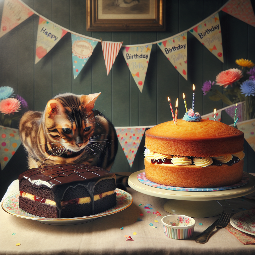 Create a heartwarming image capturing a sable Bengal cat enjoying a birthday party. The cat is playfully perched on a table set with vibrant party decorations. The centerpiece of the scene is a traditional Victoria sponge cake, with its luscious layers of jam and cream perfectly visible between the soft sponges. Nearby lies an indulgent chocolate cake showcasing glistening frosting that undoubtedly exudes a rich, mouthwatering aroma. The overall scene is bathed in gentle, warm lighting enhancing the cozy and festive atmosphere of a simple yet earnest birthday celebration.
Generated with these themes: Sable bengal cat , Victoria sponge cake , and Chocolate cake .
Made with ❤️ by AI.