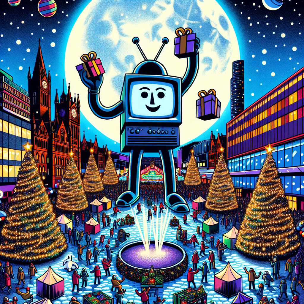 In this cute cartoon depiction, Manchester's Media City is alive with Christmas cheer. The moon shines brightly above, illuminating the scene where animated TV sets boogie, each holding a gift. The Christmas trees are bedecked with shimmering lights, delivering a magical touch to the jovial outdoor party.
Generated with these themes: Dancing tv sets holding presents, Christmas trees with lights, Manchester, Media city, Party, and Moonlight.
Made with ❤️ by AI.