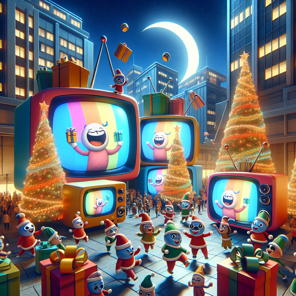 A whimsical cartoon scene set in Manchester's Media City during Christmas time. Dancing TV sets with smiley screens are gaily holding wrapped presents in their antennas. Colorful Christmas trees twinkle with festive lights, casting a warm glow in the moonlit night. The atmosphere is one of celebration, as cartoon figures mingle and laugh, enjoying the outdoor party.
Generated with these themes: Dancing tv sets holding presents, Christmas trees with lights, Manchester, Media city, Party, and Moonlight.
Made with ❤️ by AI.