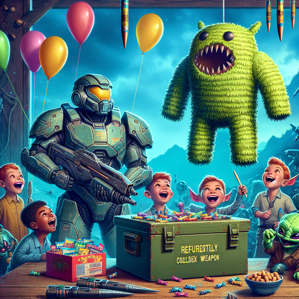 This lively picture captures the atmosphere of a futuristic sci-fi-themed birthday party. Amusingly, a staunch soldier wearing a suit of powered armor holds a piñata matching a monstrous alien creature, while a group of small, laughing alien lackeys eagerly wait their turn with a benign, blunted weapon. Balloons in the shape of various inflated alien life forms float above a table filled with packet goodies and a repurposed ammunition box serving as a cooler, filled with refreshingly chilled fictional beverages.
Generated with these themes: War hammer 40k, and Birthday party.
Made with ❤️ by AI.