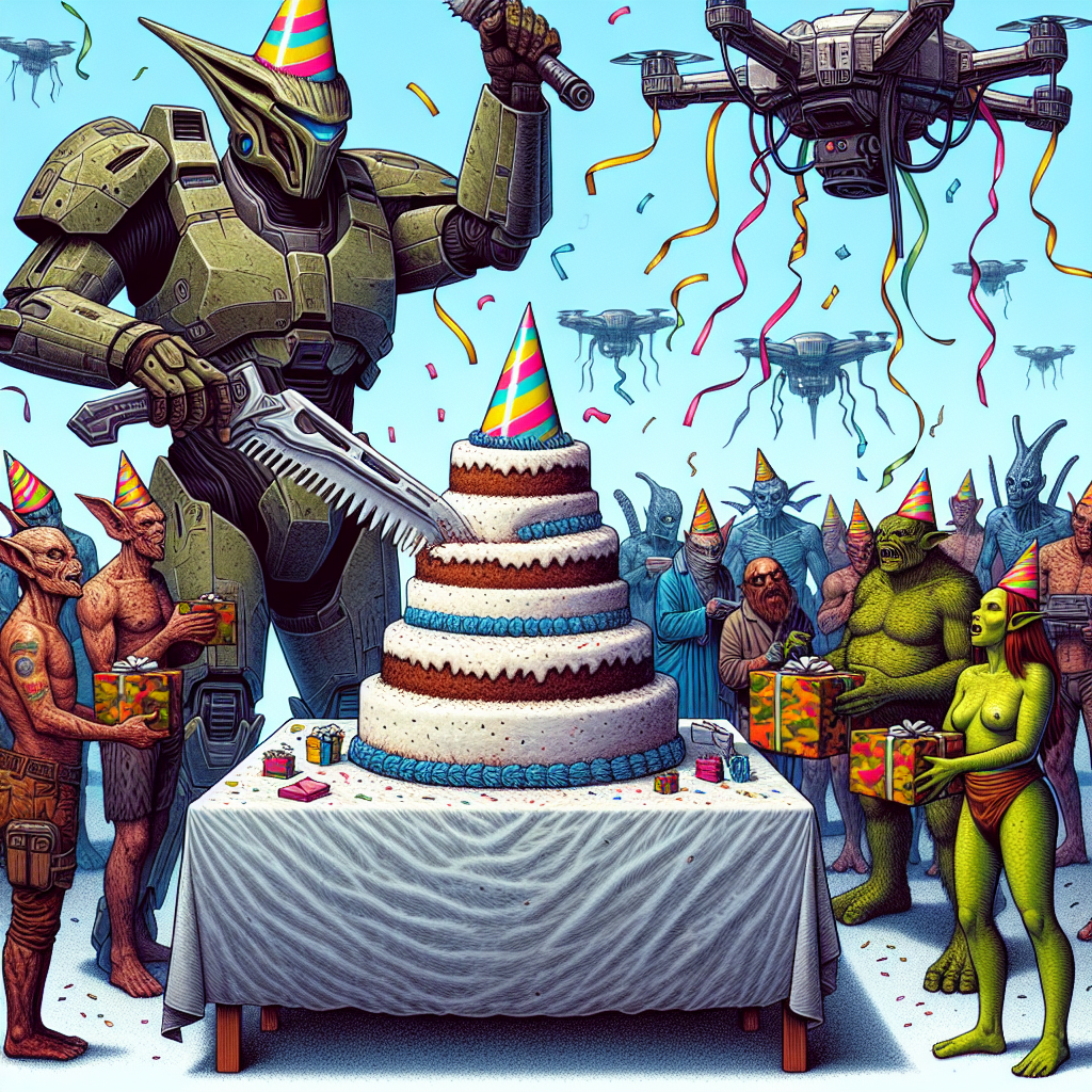 Create a humorous illustration of a vibrant birthday party set in a harsh, futuristic era. The center of attention is a heavily armored warrior, notably dressed with a party hat, slicing a large, mountain-like cake with a serrated power sword. Surrounding him are various humanoid alien races, including large green-skinned beings and slender, elf-like creatures, who are trading gifts covered in camouflage-patterned paper. Above them, mechanical drones decorated with streamers are floating, documenting this peculiar festivity.
Generated with these themes: War hammer 40k, and Birthday party.
Made with ❤️ by AI.