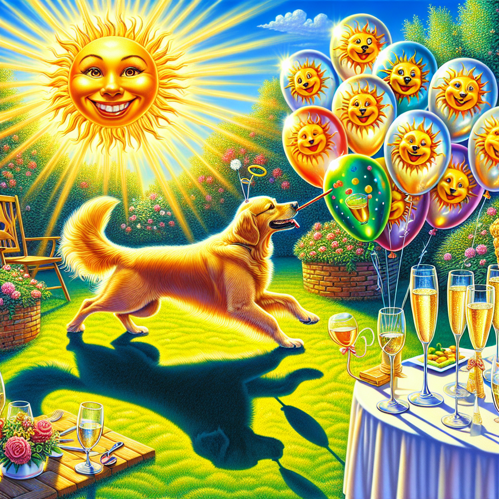 Visualize a sunlit garden festooned with the merriment of a birthday event. In this vibrant scene, a golden retriever, its coat glowing like gold thread in the sun's rays, mirthfully pursues its own shadow. Adjacent to this joyful scene, a table is arranged with glasses filled with effervescent prosecco, the sun's reflection enhancing the festive ambiance. Several balloons, in assorted bright colors, float in the sky decorated with prints of amicable sun characters, symbolizing the delight of the occasion.
Generated with these themes: Prosseco, Sun, and Golden retriever.
Made with ❤️ by AI.