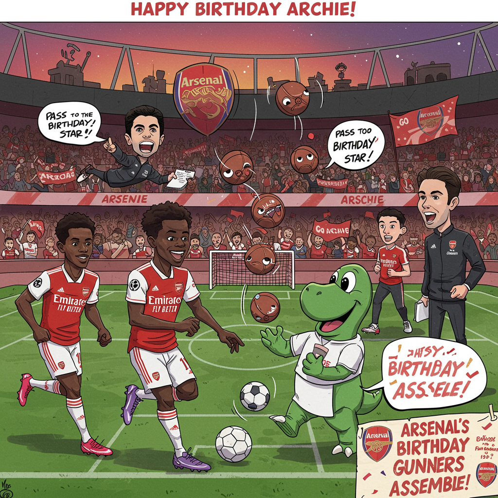 At the top of the Cartoon Style image, "Happy Birthday Archie!"

**Image Description:**

The scene unfolds at the iconic Emirates Stadium, with a whimsical cartoon twist. Bukayo Saka, Thomas Partey, and Declan Rice, drawn with exaggerated features and vibrant Arsenal jerseys, are in the middle of a playful game of football, their expressions filled with exaggerated joy and mischief.

Nearby, Mikel Arteta, with a comically oversized manager's notepad, is enthusiastically shouting out play instructions that are humorously exaggerated in cartoon-style speech bubbles like "Pass to the Birthday Star!" 

Gunnersaurus, the lovable mascot, is juggling footballs with a huge, cheeky grin. Each football features a different expression of surprise and delight as they spin through the air. 

The stadium backdrop is colorful and lively, with cartoonish fans cheering wildly, waving flags and banners that read “Go Archie!”

In the corner, a banner cleverly reads, “Arsenal’s Birthday Gunners Assemble!” adding a touch of cheeky humor to the vibrant birthday scene.
Generated with these themes: Arsenal, Emirates Stadium, Bukayo Saka, Thomas Partey , Mikel Arteta, Declan Rice, Gunnersouras  , and .
Made with ❤️ by AI.