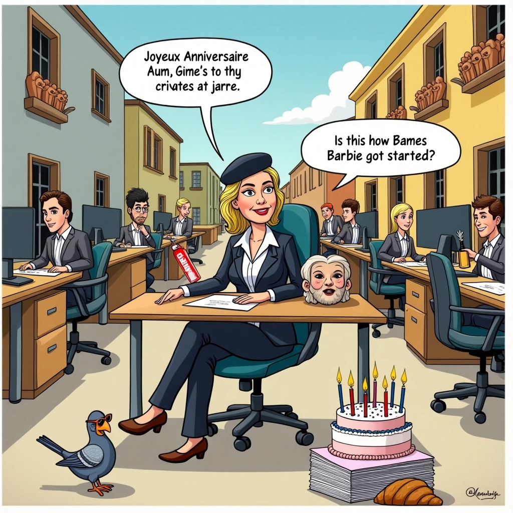 **Image Prompt (Cartoon Style, Funny Mood):**

At the top of the cartoon image:  
**"Joyeux Anniversaire Mum — from Coalville to Cannes, you're still the doll’s head of the office!"**

**Description of the Image:**

A quirky cartoon office scene set half in a typical Coalville industrial building and half in a sunny French village. On the Coalville side, workers are crafting strange-looking doll heads with big grins at their desks. On the France side, baguettes and wine replace computers and paperwork. In the middle sits Mum at a swivel chair desk that rolls perfectly between both worlds — in business suit, but with a beret and a doll's head under her arm.

A birthday cake sits atop a stack of printer paper with candles made from little office pens. A speech bubble from Mum says, "Is this how Barbie got started?" Meanwhile, a French pigeon wearing sunglasses steals a croissant in the background.
Generated with these themes: Coalville, Making dolls heads, Working in an office, and Being in France.
Made with ❤️ by AI.