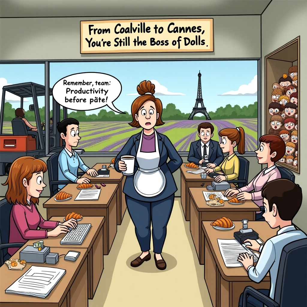 **Image Prompt:**

At the top of the cartoon image, text reads: “Happy Birthday Mum – From Coalville to Cannes, You’re Still the Boss of Dolls!”

**Image Description (Cartoon Style):**  
A bustling open-plan office set somewhere in rural France, surrounded by fields of lavender. Inside, desks are covered in strange combinations of paperwork, croissants, and creepy but adorable doll heads in various stages of assembly. A sign above the office reads “Coalville Doll Corp – French Division.”

In the center, a cartoon version of "Mum" (business suit with an apron on top, holding a coffee in one hand and a tiny doll wig in the other) stands proudly in front of a group of baffled-looking French co-workers. One colleague types on a croissant instead of a keyboard. Another is gluing tiny glasses to a doll while also photocopying their face. A speech bubble from Mum says: "Remember, team: Productivity before pâté!"

In the corner, a factory window shows a forklift carrying a mountain of doll heads while an Eiffel Tower looms in the background.

Overall vibe: bonkers birthday energy meets odd office antics with a Coalville-to-France twist.
Generated with these themes: Coalville, Making dolls heads, Working in an office, and Being in France.
Made with ❤️ by AI.