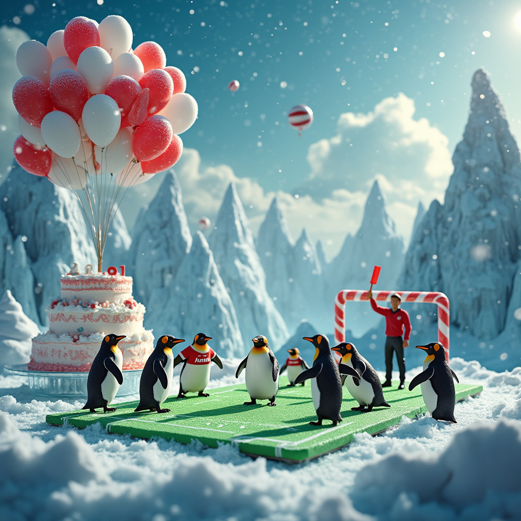 In a whimsical, dreamlike scene set on an enchanted, icy football field, where the boundary between reality and fantasy blurs, a group of dapper penguins, wearing miniature Arsenal jerseys, are engaged in a spirited match. The field is a glistening sheet of ice with an emerald green football pitch magically suspended above it, complete with goalposts made from giant candy canes. In the background, towering icy cliffs rise majestically, their peaks disappearing into fluffy clouds. Suspended in the sky above, the clouds themselves seem to conspire to spell out "Happy Birthday, Caleb!" in billowing white letters that float amidst the azure sky. Nearby, on the sidelines, an elaborate three-tiered birthday cake, frosted to resemble a football pitch, sits upon a table carved from ice. The cake is adorned with edible penguin figurines posed in mid-celebration, and atop it, a gleaming football made of sugar icing stands proudly. As part of the surreal scenery, a regal penguin referee, complete with a whistle and a tiny red card, oversees the match with a watchful eye. Balloons in Arsenal's iconic red and white colors hover above, gently bobbing in the breeze, as they are tethered to the frozen ground by strings made of crystallized snowflakes.
Generated with these themes: Football, Arsenal, and Penguins.
Made with ❤️ by AI.