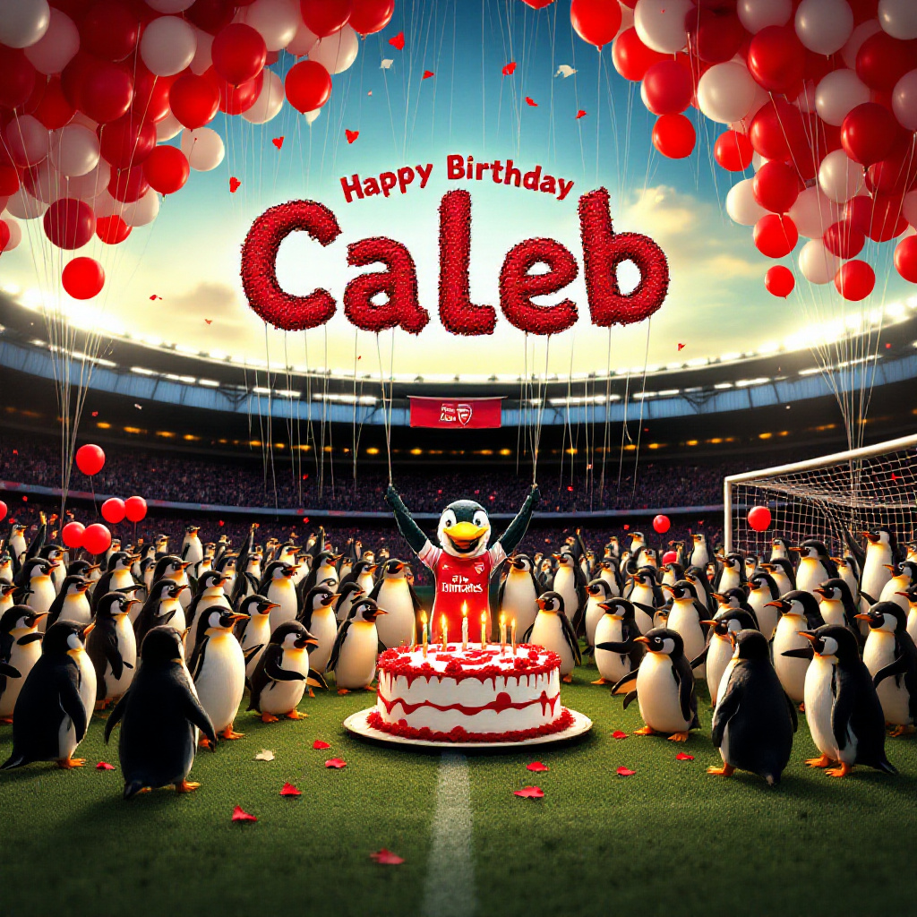 The scene unfolds on an expansive football field, the lush green grass interrupted by a surreal blend of elements. The horizon features the grand silhouette of Arsenal's iconic Emirates Stadium, bathed in the soft, warm glow of a setting sun. In the foreground, an enthusiastic colony of penguins, all dressed in tiny Arsenal jerseys, gather around a bright red and white birthday cake shaped like a football. The cake sits prominently on the center spot of the field, with candles flickering cheerfully. The penguins, with their flippers raised in unison, seem to be cheering for Caleb. Above them, a cascade of vibrant red and white balloons forms the letters "Caleb" as they gently sway in the breeze, held together by an invisible string in the sky. In the background, the Arsenal mascot, Gunnersaurus, stands in a triumphant pose, holding a banner that reads "Happy Birthday" with one of his friendly flippers. The scene is sprinkled with whimsical details: the goalposts are wrapped in red and white streamers, and a few penguins are comically attempting to dribble a small soccer ball, their playful antics adding to the surreal charm of the birthday celebration.
Generated with these themes: Football, Arsenal, and Penguins.
Made with ❤️ by AI.
