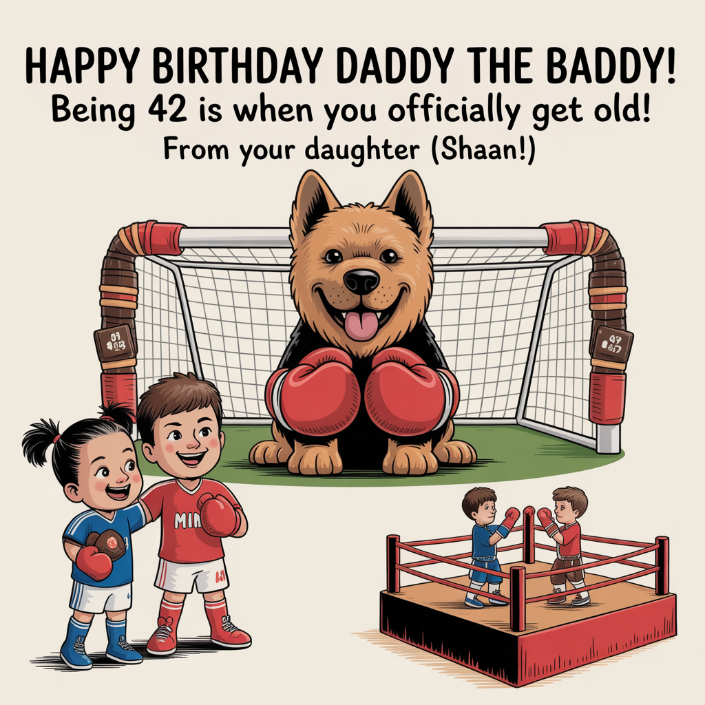 Men's Football team, Men's Boxing, CHOCOLATE, Alsatian dogs, Men's Man United team, And me (his daughter), and Birthday Card