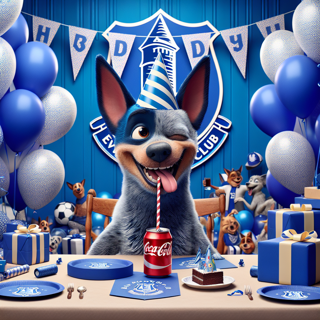 A celebratory scenario pulses with distinct hues resembling Everton Football Club's blue as a backdrop. An anonymous cartoon character—sharing similarities with an Australian Blue Heeler dog, but with a unique characteristic of a party hat—is portrayed winking while sipping from a cola-branded can through a striped paper straw. The environment effuses the anticipation and joy associated with a birthday party, augmented by balloons shaped like the anonymous character's friends, a mound of gift-wrapped surprises, and a cheerful cake firmly set in the middle of this merriment. Decorative items like napkins and plates are adorned with delightful illustrations of this funny canine character enjoying a sliver of birthday pleasure.
Generated with these themes: Everton Bluey Diet Coke .
Made with ❤️ by AI.