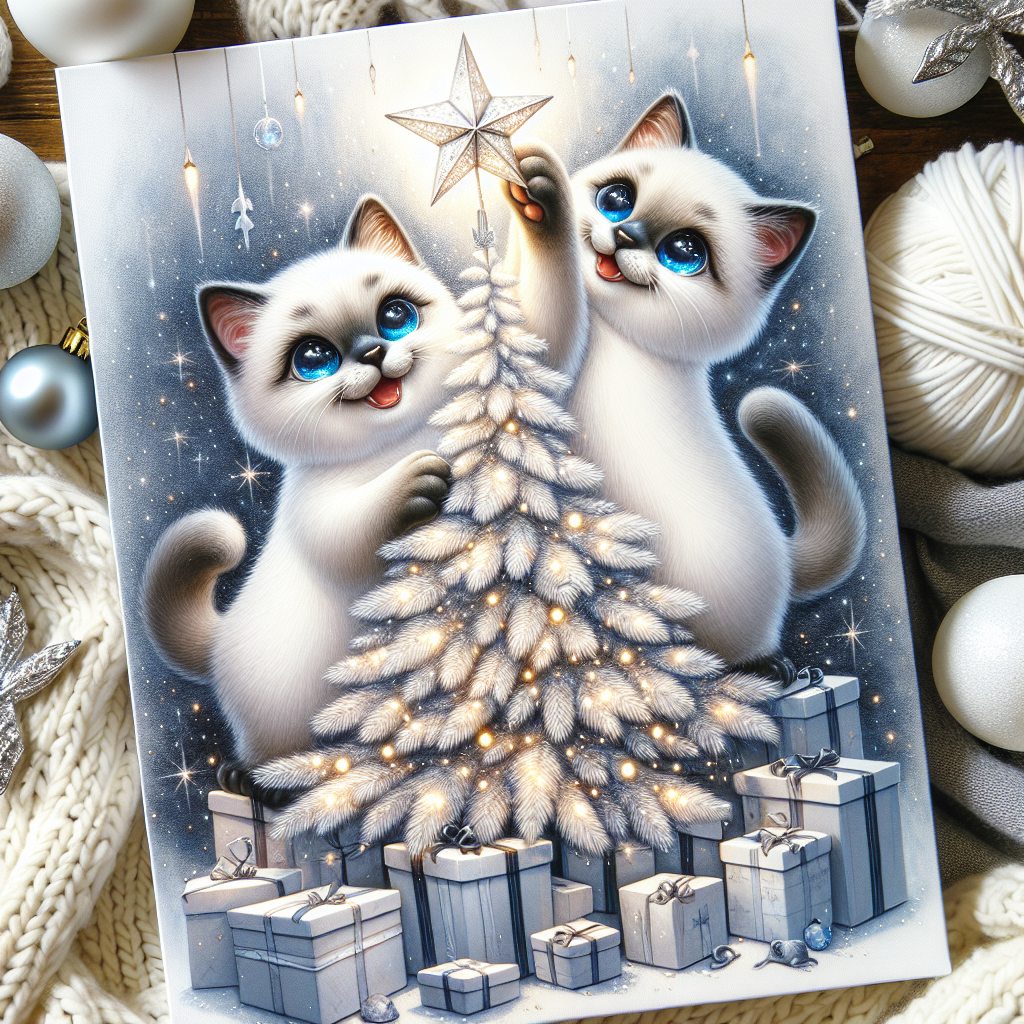 This whimsical illustration captures the moment a duo of white Siamese cats with mischievous grins reach up to bat at the sparkling star atop a glistening white Christmas tree. Surrounded by piles of gift boxes and a cozy knitted throw, their enchanting blue eyes reflect the twinkling tree lights.
Generated with these themes: White Siamese Cats.
Made with ❤️ by AI.