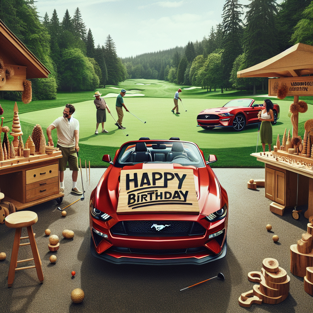 Generate an image of a delightful birthday celebration taking place on a lush golf course. In the center, a sleek red Mustang convertible forms the focal point of the gathering. The car is parked near a woodworking station that is brimming with expertly carved wooden decorations. A sign reading 'Happy Birthday' is draped across the front of the convertible, tying the themes of golf, woodworking, and the iconic vehicle together into a single, cohesive image. In the background, a diverse gathering - male and female, Caucasian, Hispanic, Black, Middle-Eastern, South Asian - enjoys a casual round of golf.
Generated with these themes: Golf, Red mustang convertible , and Woodworking .
Made with ❤️ by AI.