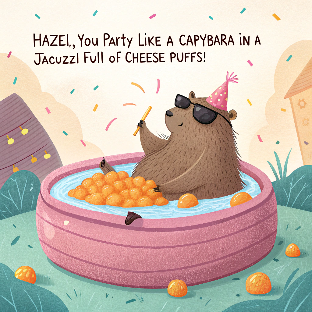 At the top of the image, "Hazel, you party like a capybara in a jacuzzi full of cheese puffs!"

- In the center of the image, illustrate a chunky, laid-back capybara lounging in an inflatable hot tub overflowing with neon-orange cheese puffs.  
- The capybara wears party sunglasses, has a tiny birthday hat tilted sideways on its head, and holds a soda with a silly straw.  
- Around the hot tub, several smaller capybaras cheer and throw confetti.  
- A floating radio blasts out musical notes while one rogue cheese puff drifts away with a tiny "Help Me!" flag.
Generated with these themes: Capybara doing something funny.
Made with ❤️ by AI.