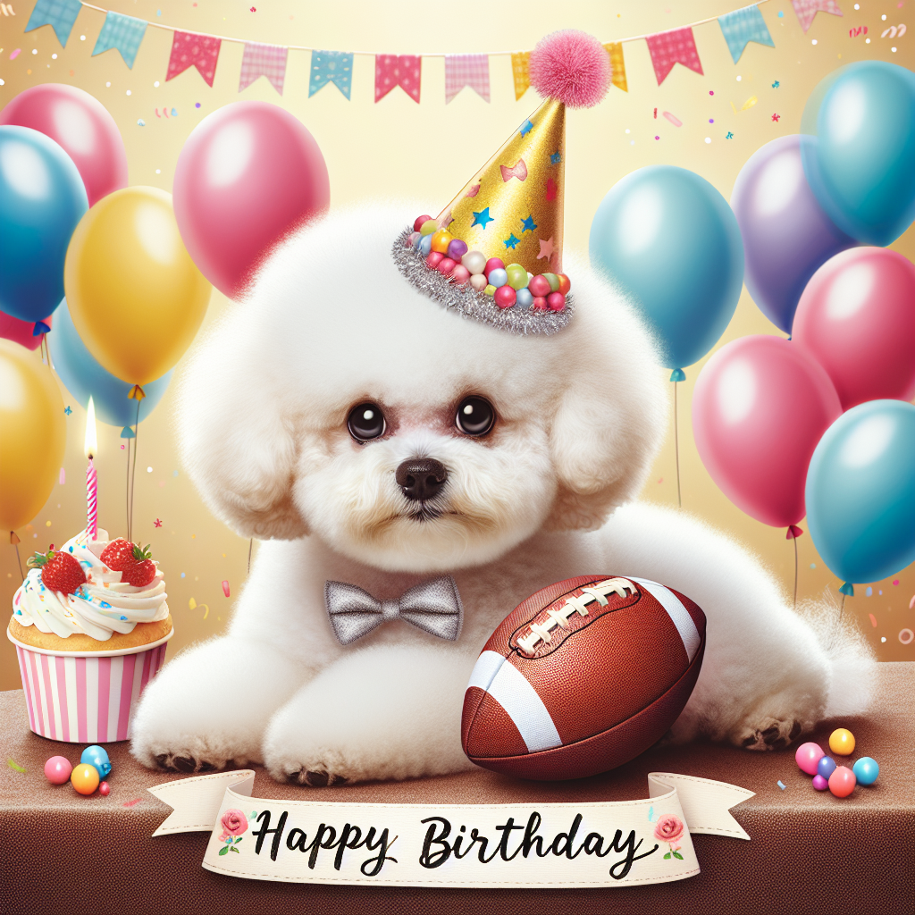 Generate an image of a heartwarming birthday scene. At the center is a charming Bichon Frise dog, looking endearing with a tiny party hat perched on its head. The dog is surrounded by an array of balloons, and a football resting near its paws, suggesting a playful game is in future plans. The backdrop is a vibrant celebration with a tasteful banner, amalgamating all elements to create a cute and whimsical birthday illustration.
Generated with these themes: Football , and Bichon frise .
Made with ❤️ by AI.