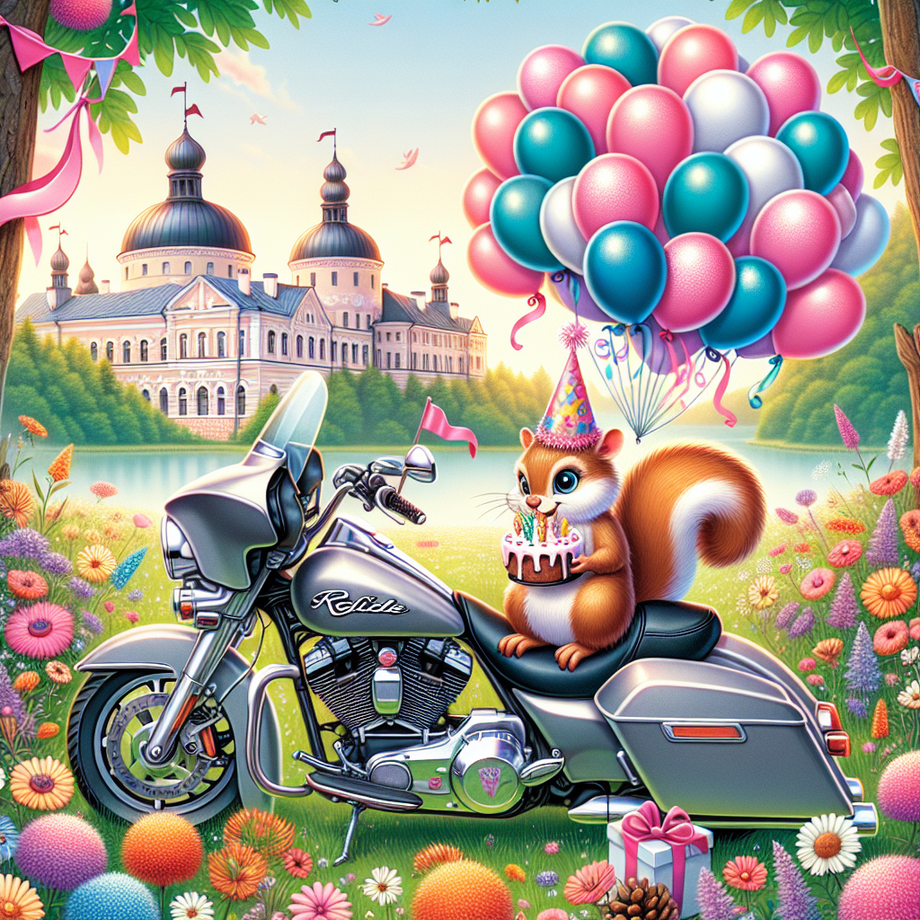Create an image set within a beautiful Latvian countryside. This cute birthday illustration portrays a festively decorated Road Glide motorcycle, equipped with a pastel balloon bouquet and ribbons, stationed amidst a meadow of vivid wildflowers. In the background, traditional Latvian architectural structures embellish the horizon beneath a soft, party-themed sky. A cheeky squirrel dressed in party attire sits on the motorcycle's seat, petite teeth nibbling on a slice of birthday cake, infusing a sense of playful allure into the scene.
Generated with these themes: Road Glide, and Latvia.
Made with ❤️ by AI.