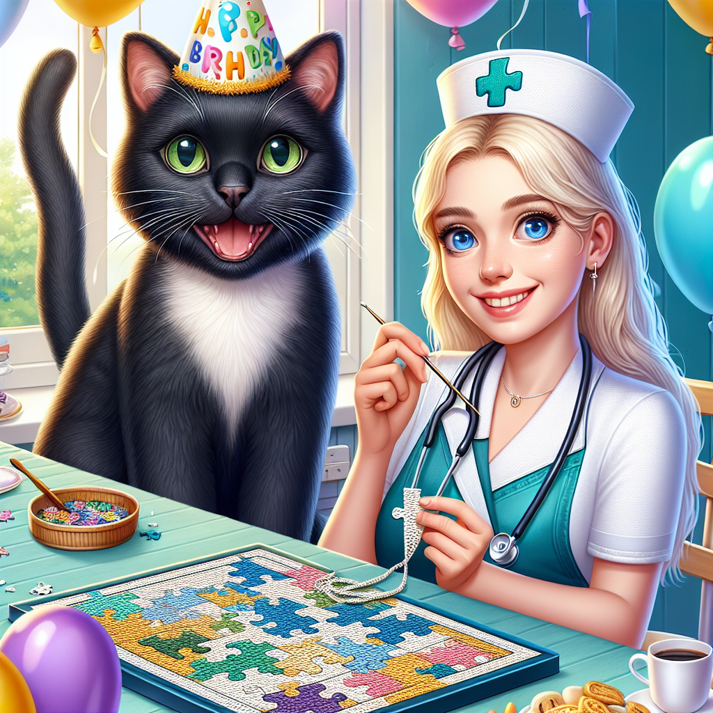 Create an illustration of a whimsical birthday celebration set inside. A mischievous black cat with lively green eyes prominently features as it occupies a partially completed jigsaw puzzle. Next to the puzzle, a light blonde haired young nurse, with gentle blue eyes, emits radiant joy through her cheerful smile. She is wearing her professional nurse uniform, holding a delicate crochet project between her fingers, demonstrating her artistic side. Fun-loving balloons float freely around the room and a table brimming with health-conscious birthday snacks indicate a preference for mindful eating. The scene should emanate the unique combination of routine life and extraordinary moments that make birthdays unforgettable.
Generated with these themes: Black cat with green eyes sitting on a jigsaw, Young blonde woman blue eyes, Nurse job, Crochet , and Diet.
Made with ❤️ by AI.