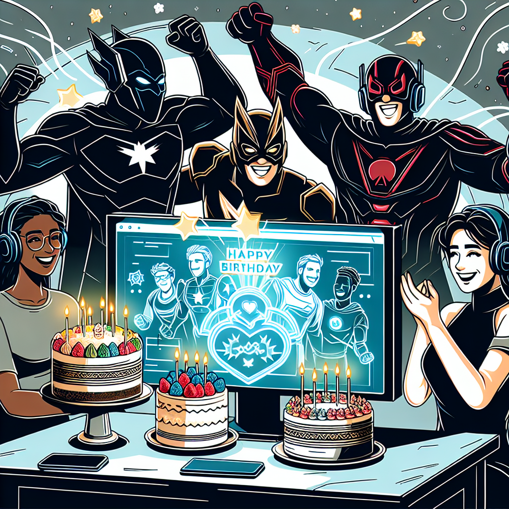 Vector image of a late-night gaming session setup with superhero figures, themed-cakes, a glowing screen showing a birthday message, and silhouettes of friends cheering around.
Generated with these interests: Superheroes with a overnigght party, Gaming, and Frriends.
Made with ❤️ by AI.