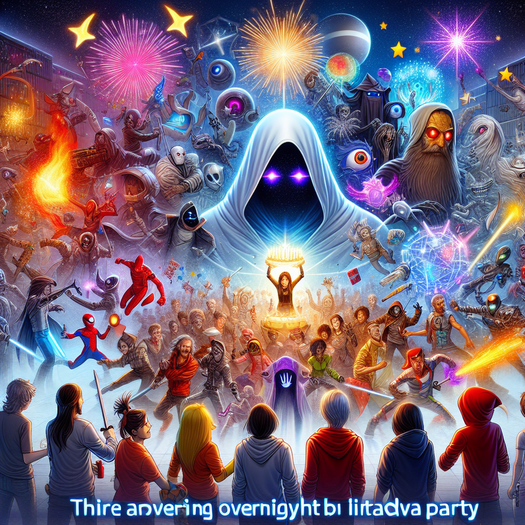 Drawing of a virtual overnight birthday celebration where the birthday person and their friends are immersed in a popular game universe, with game avatars wearing superhero costumes.
Generated with these interests: Superheroes with a overnigght party, Gaming, and Frriends.
Made with ❤️ by AI.