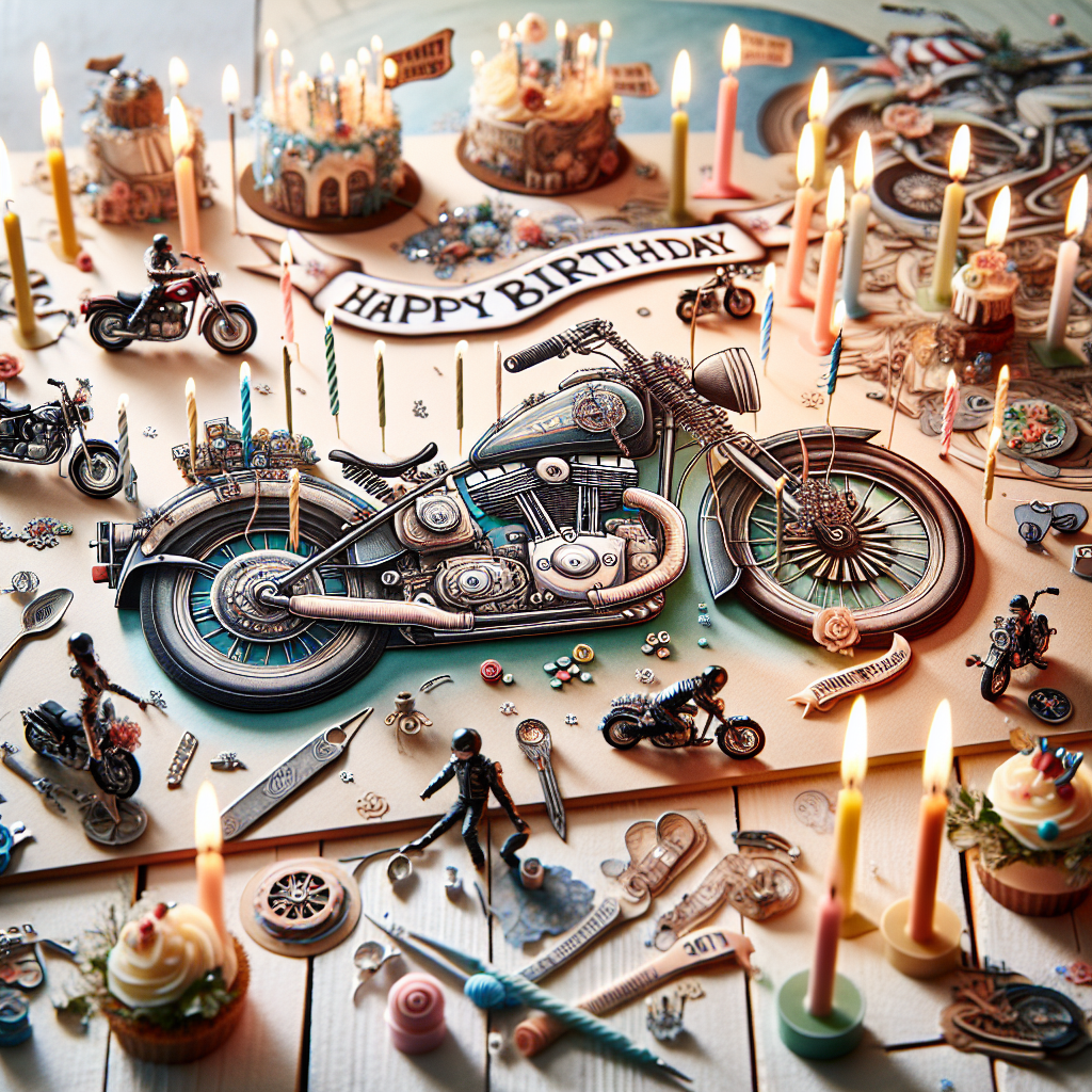 Create an unusual birthday scenery that cleverly combines the charm and humor of motorcycle culture. The background should be a blend of pastel colors with illustrative motorcycle designs detailed so intricately that one can observe even the tiniest bolt and spark of chrome. The centerpiece of the table should be a collection of miniature motorcycles, each personalized with tiny, glittering embellishments that twinkle in the soft glow of the birthday candles. This pictorial composition should embody the adventurous spirit of motorcycle enthusiasts while celebrating the simple joy of a birthday gathering.
Generated with these themes: Motorbikes tattoos piercings.
Made with ❤️ by AI.