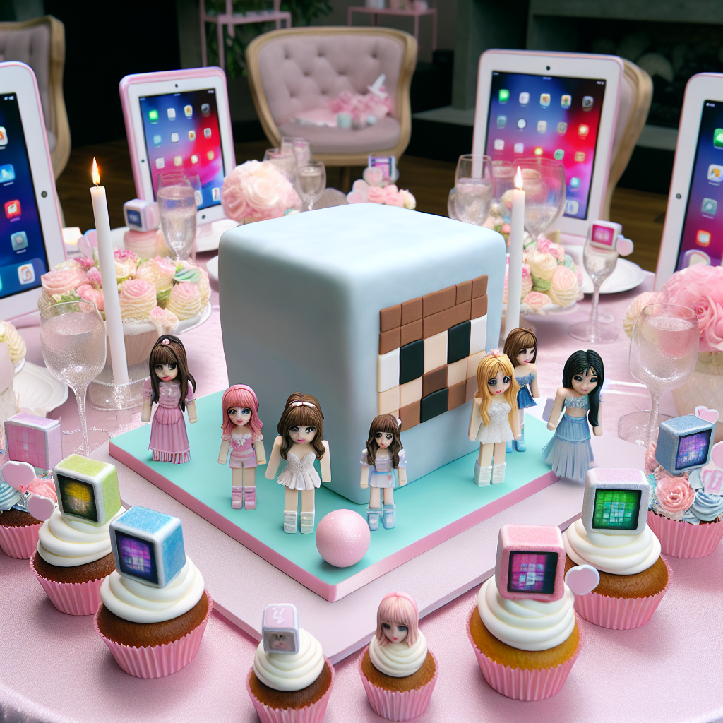 Create a charming birthday scene with a whimsical twist. At the center is a lifelike cake styled in the theme of a popular, blocky online game character. This is surrounded by delicate cupcakes adorned with edible toppers to resemble famous female pop stars. Each table features a mock iPad party favor filled with digital surprises. The entire setup is imbued with a pastel color palette for a realistic touch.
Generated with these themes: Roblox, Taylor Swift, iPad.
Made with ❤️ by AI.