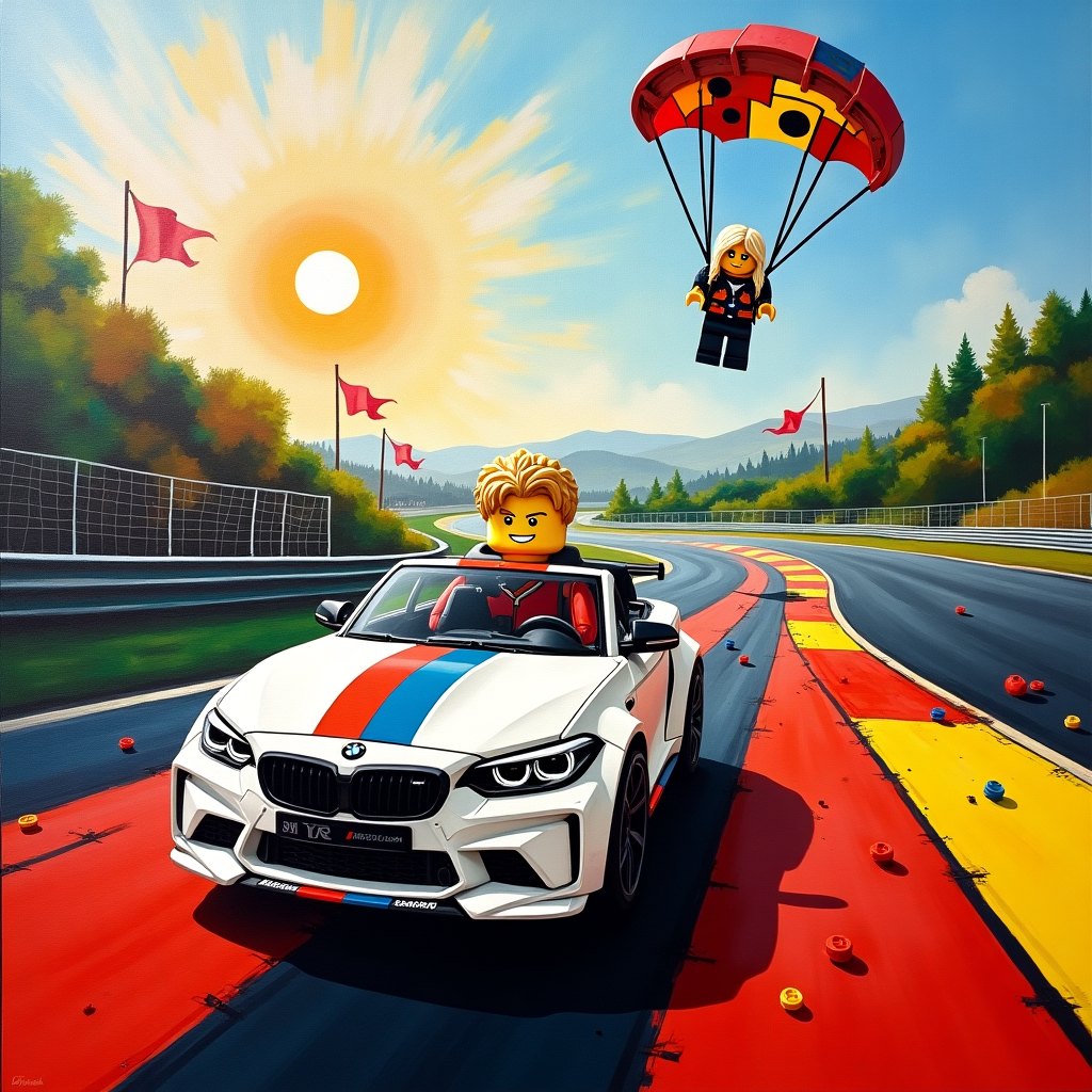 In the fantastical and vibrant landscape of the Nürburgring, the canvas erupts with a fusion of dynamic shapes and vivid colors reminiscent of Kandinsky’s chaotic harmony. In the foreground, a blond Lego racing boy is positioned confidently at the wheel of a sleek white BMW M2, its curves and edges outlined in bold Mondrian-esque geometric patterns of black, red, and yellow. The car races along a winding track that snakes across the canvas, each segment painted in contrasting hues of Pollock-style splatters and swirls, mimicking the unpredictable twists of the legendary racing circuit.

Above the track, the sky is an abstract collage of soft Rothko-inspired color blocks, transitioning from deep blues to fiery oranges. Descending gracefully through this celestial backdrop, a Lego girl with long flowing blond hair is captured mid-parachute jump, her parachute a riot of vibrant Miro-like shapes—blobs, stars, and playful squiggles—casting a colorful shadow on the track below. Her expression is one of determined joy, meticulously crafted in simple Lego style yet radiating exuberance.

Scattered throughout the scene are deconstructed elements of the racing track—flags rendered in stark de Kooning-inspired strokes, signaling turns and straights, and pit stop paraphernalia depicted in a minimalistic Malevich way, hinting at the structured chaos of the sport. The surrounding landscape, painted in a series of Richter’s soft, blurred strokes, creates a dreamlike quality, suggesting speed and motion, yet anchoring the surreal tableau firmly in the storied setting of the Nürburgring.

In this fantastical composition, the eye is continually drawn from one element to another, each part telling a piece of the whimsical tale of ambition, thrill, and achievement, encapsulated in the juxtaposition of the Lego figures and their vibrant, abstracted playground.
Generated with these themes: Blond lego racing boy and white bmw m2 at racing tarck , Lego girl with long blond hair jumps parachute at racing track , and  The are at Nürburgring.
Made with ❤️ by AI.