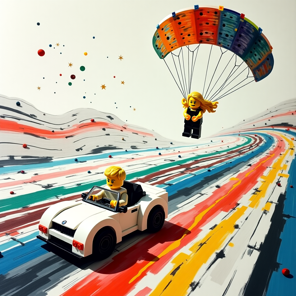 On the front cover of this surreal congratulations card, imagine a vibrant, abstract landscape inspired by the swirling dynamism of Kandinsky and the geometric playfulness of Mondrian. At the center, a dynamic blond Lego boy races in a meticulously detailed white BMW M2, the car's form reminiscent of a Rothko canvas with its layered whites and grays, subtly intersecting with vibrant reds and blues akin to Mondrian’s primary color schemes. The Nürburgring track itself is a Pollock-esque labyrinth, a chaotic dance of lines that seem to extend infinitely, a looping ribbon where paths of neon greens and yellows collide and overlap with reckless abandon. 

Overhead, in a sky that mirrors Malevich's Suprematism with bold, stark shapes, a Lego girl with flowing blond hair is suspended in a graceful parachute descent. Her parachute is an abstract patchwork quilt of colors—a nod to Miro's dreamlike palette—dotted with stars and spirals that seem to twirl and pulse against the ethereal expanse. The parachute strings are thin, Twombly-inspired scribbles connecting her to the track below, a testament to the link between her lofty ambitions and the grounded reality of her achievement.

Surrounding this central scene are de Kooning-esque splashes of paint, their fluid, almost tangible energy reflecting the speed and excitement of the racing world. Interspersed throughout are faint, textured smudges of gray and white, much like Richter’s blurred techniques, suggesting the motion and exhilaration of the moment captured. Completing the scene are faint grid lines, reminiscent of Agnes Martin, providing a subtle framework that balances the card's vibrant elements, symbolizing the structured pathways leading to success. The card is a kaleidoscope of color and motion, an exhilarating tribute to achievement, encapsulated in a captivating, abstract dreamscape.
Generated with these themes: Blond lego racing boy and white bmw m2 at racing tarck , Lego girl with long blond hair jumps parachute at racing track , and  The are at Nürburgring.
Made with ❤️ by AI.