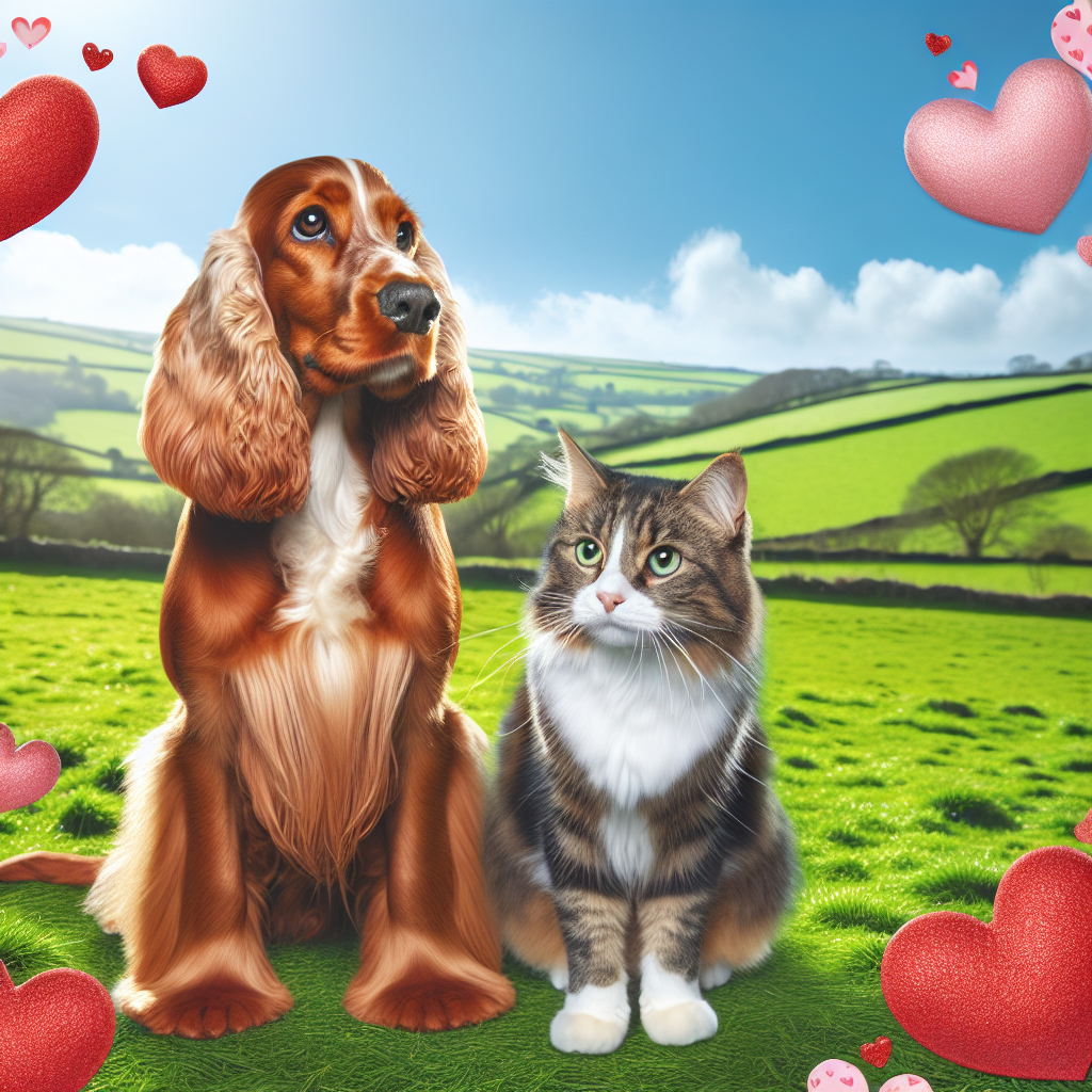 Red working cocker spaniel, Tabby and white cat, and Green fields Valentines-day Card