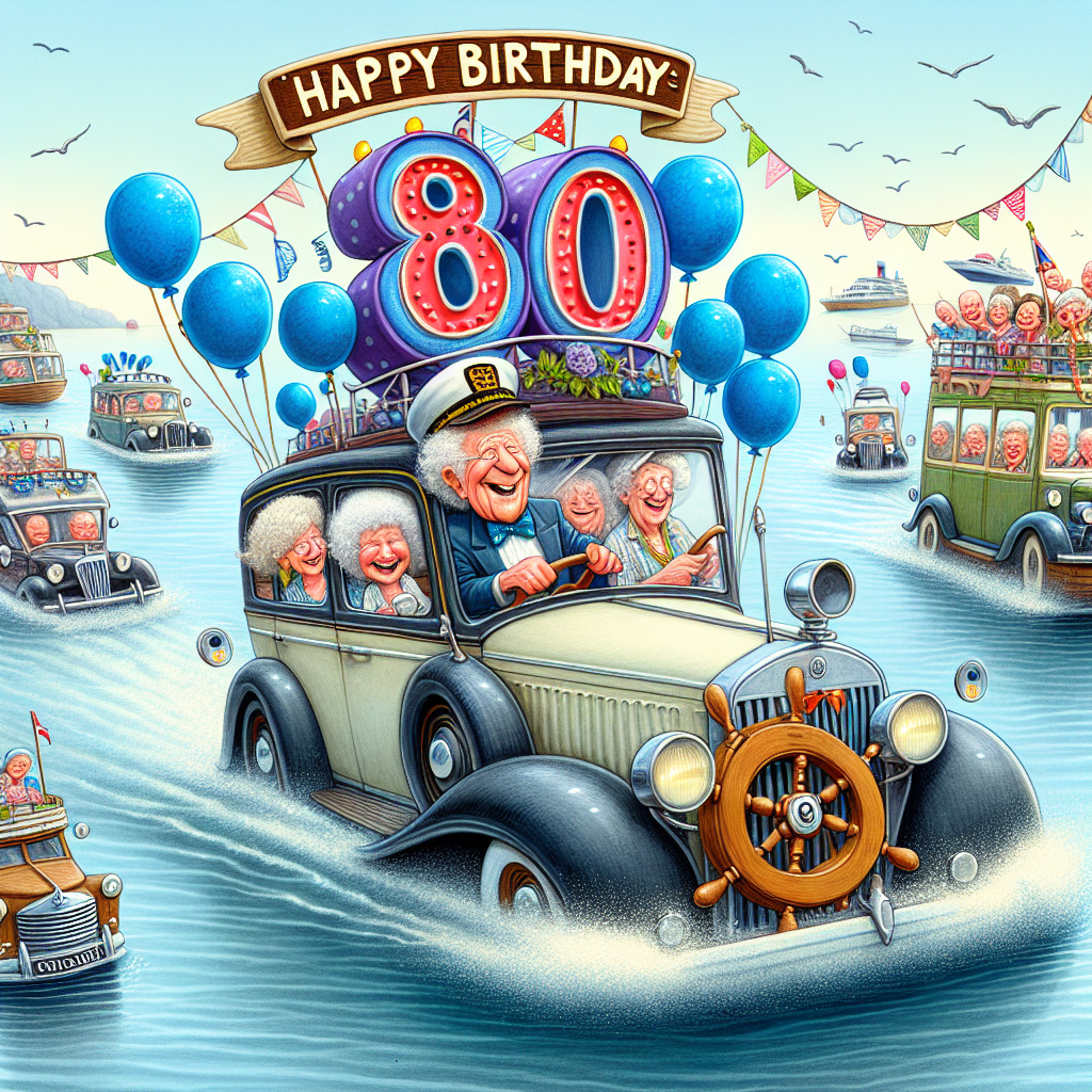 Whimsical illustration of an 80-year-old birthday celebration set in the ocean. There is a humorous convoy of caricatured classic cars floating on water like vessels, decorated with streamers and banners that read 'Happy 80th'. The birthday individual, donned in a captain's hat, is seen smiling from the lead car and holding a makeshift wheel as if steering the cruise. Others in the procession are seen in their sea-faring vehicles merrily laughing and cheering, making the atmosphere of this 80th birthday celebration both light-hearted and unforgettable.
Generated with these themes: Cars, 80th birthday , and Cruise.
Made with ❤️ by AI.