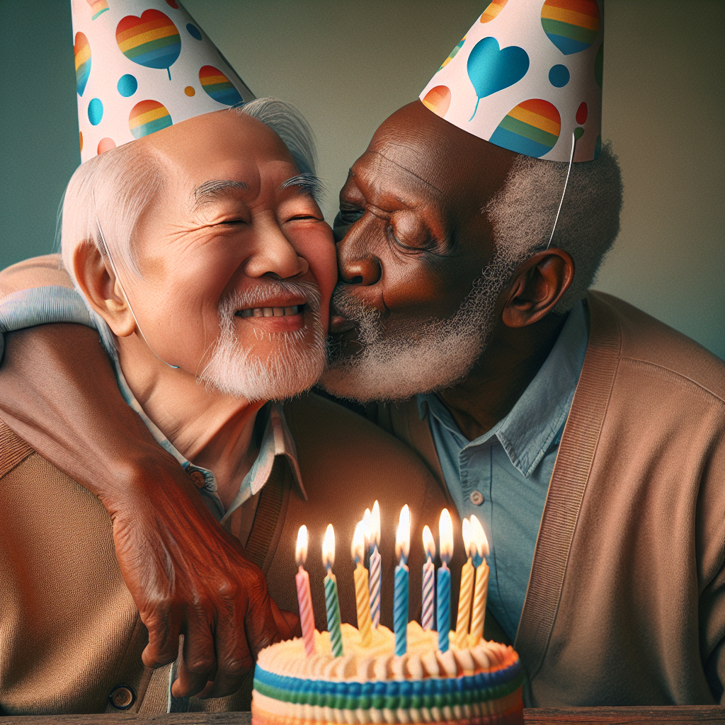 Generate an enchanting birthday-themed illustration featuring two elderly men with different descents: one Asian and one African, sharing a warm moment of affection. One man is lovingly giving the other a peck on the cheek. They are both wearing subdued rainbow-colored party hats, symbolizing a celebration of individuality. In the foreground, there is a delicious-looking cake adorned with radiant candles, reinforcing the festive mood. This poignant scene showcases a beautiful image of enduring love and friendship.
Generated with these themes: Old gay .
Made with ❤️ by AI.