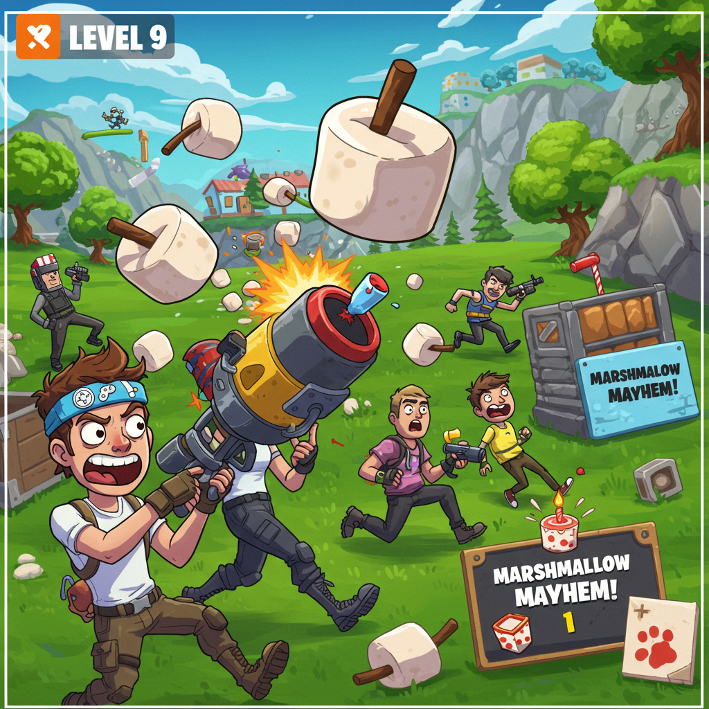 At the top of the Cartoon Style image, place the text: **Level 9**.

**Image Prompt:**

Imagine a lively cartoon scene where a group of Fortnite-style characters are in the midst of an epic, albeit light-hearted, gaming battle. In the foreground, there's a mischievous character wearing a headband with a gaming controller emblem, playfully launching a marshmallow cannon. The marshmallows are comically oversized, mid-flight, and look like they're about to engulf the other players, who are hilariously exaggerated in their expressions of surprise and mock panic.

In the background, the digital landscape is vibrant and bustling with energy—brightly colored game graphics with pixelated trees and buildings. There's a playful chaos as gaming avatars dash around, some slipping comically on scattered marshmallows. A cheeky, animated scoreboard in the corner humorously displays the text: "Marshmallow Mayhem!"

The whole scene is full of exaggerated movement, bright hues, and bold outlines, capturing the whimsical and fun spirit of a birthday card for someone who loves gaming and a good laugh.
Generated with these themes: Fortnite, gaming, marshmallows, and .
Made with ❤️ by AI.