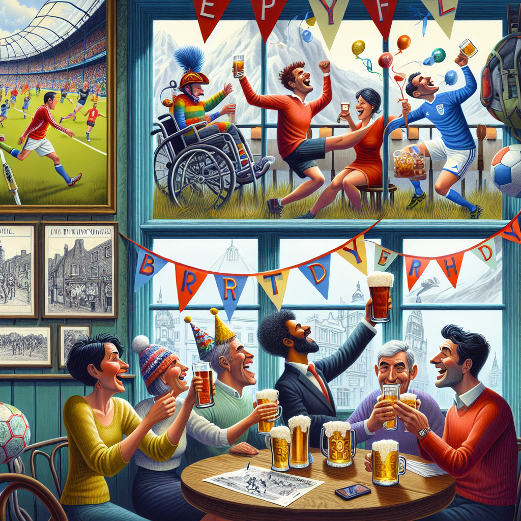 Create a whimsical image portraying a pub setting, brimming with celebratory energy. In the foreground, display a diverse group of friends, both men and women of different descents such as Caucasian, Hispanic, and South Asian, caught in light-hearted moments. The friends are holding drinks and laughing around tables that are adorned with birthday streamers. Outside the window, depict a friendly football match, with caricatured characters in an array of exaggerated poses, mid-kick, illustrating the dynamic and fun nature of the game. Frame the whole image with illustrations of walking paths and hiking gear, symbolizing an appreciation for leisurely walks and outdoor activities.
Generated with these themes: Quizzes, pubs, football, walks.
Made with ❤️ by AI.