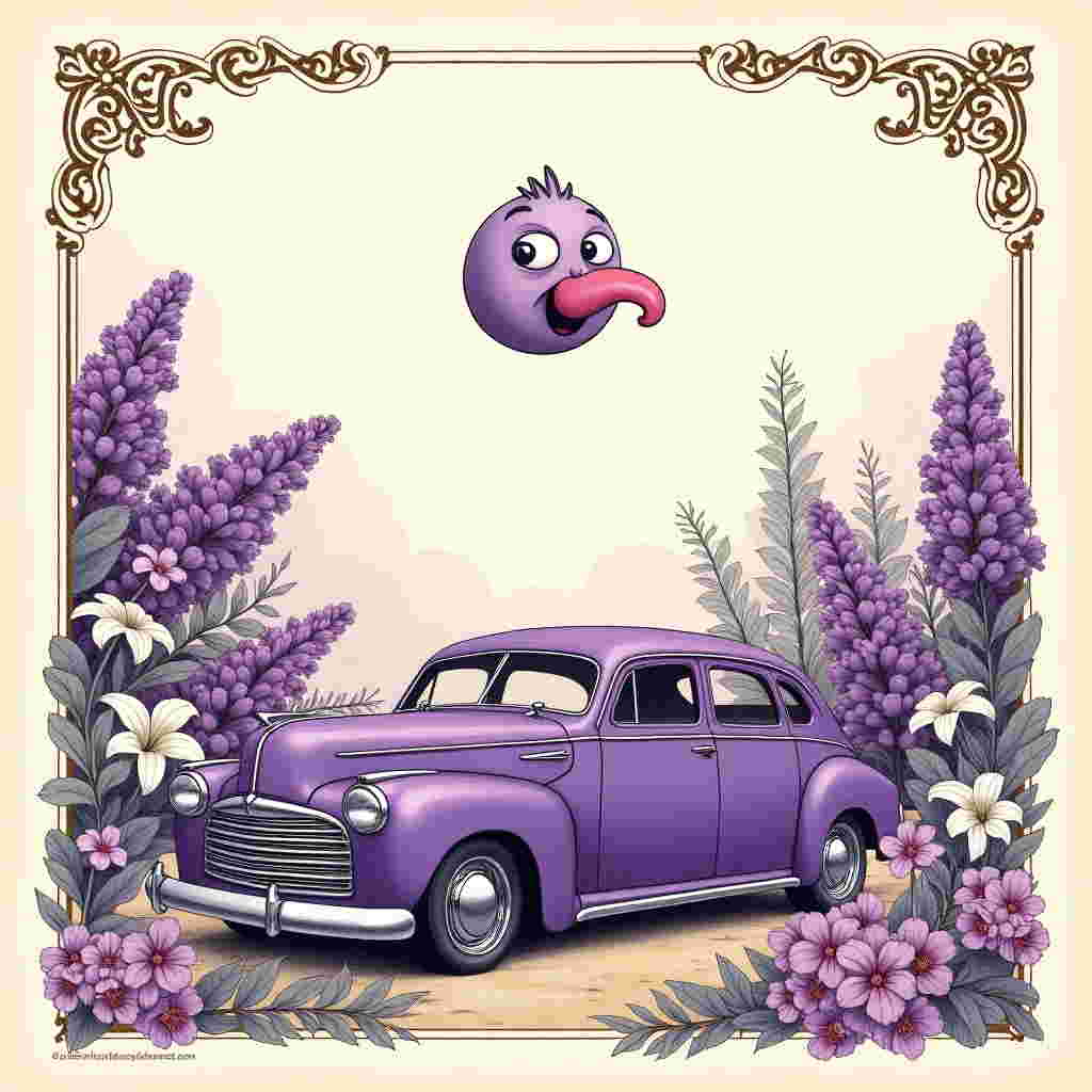 In the foreground of the card, a quirky, hand-drawn purple vintage car, reminiscent of a mid-20th century automobile, sits prominently. Its body is an expressive deep lavender with intricate linework detailing, evoking the illustrative style of Edward Gorey. The chrome elements, like the bumper and hubcaps, shimmer with a pearlescent sheen, capturing the crispness of Maxfield Parrish's highlights.

Surrounding the car, a lush array of purple and white flowers blooms abundantly. Imagine the graceful elegance of Beatrix Potter's floral arrangements, with a variety of blossoms such as lilacs, violets, and white lilies interspersed. Each petal and leaf is detailed with delicate, sweeping lines akin to Arthur Rackham's work, creating a textured richness. The flowers have a whimsical twist—some stems curl playfully, almost as if they were dancing.

In the sky above, floating like a whimsical Beardsley-esque ornament, a giant, detailed hand-drawn licking emoji 😋. The emoji's exaggerated tongue, crafted with an almost humorous, swirling motion, echoes the expressive storytelling of Quentin Blake. Its eyes are round and wide, adding a playful contrast against the elegant backdrop of flowers and the classic car.

The background of the scene is a subtle, wash of pale pastel colors, blending soft purples and whites with hints of a soft, hazy golden hue that gives a nod to N.C. Wyeth’s scenic touches. This backdrop serves to highlight the detailed illustrations in the foreground while maintaining a dreamy, enchanting quality.

The whole composition has a frame-like border, reminiscent of a vintage postcard, with a delicate cross-hatching technique inspired by Gustave Doré. This border gives the card a finished, polished look, tying together all the elements in an ornate, cohesive manner.
Generated with these themes: Purple and white flowers, Purple car, and Licking emoji 😋.
Made with ❤️ by AI.