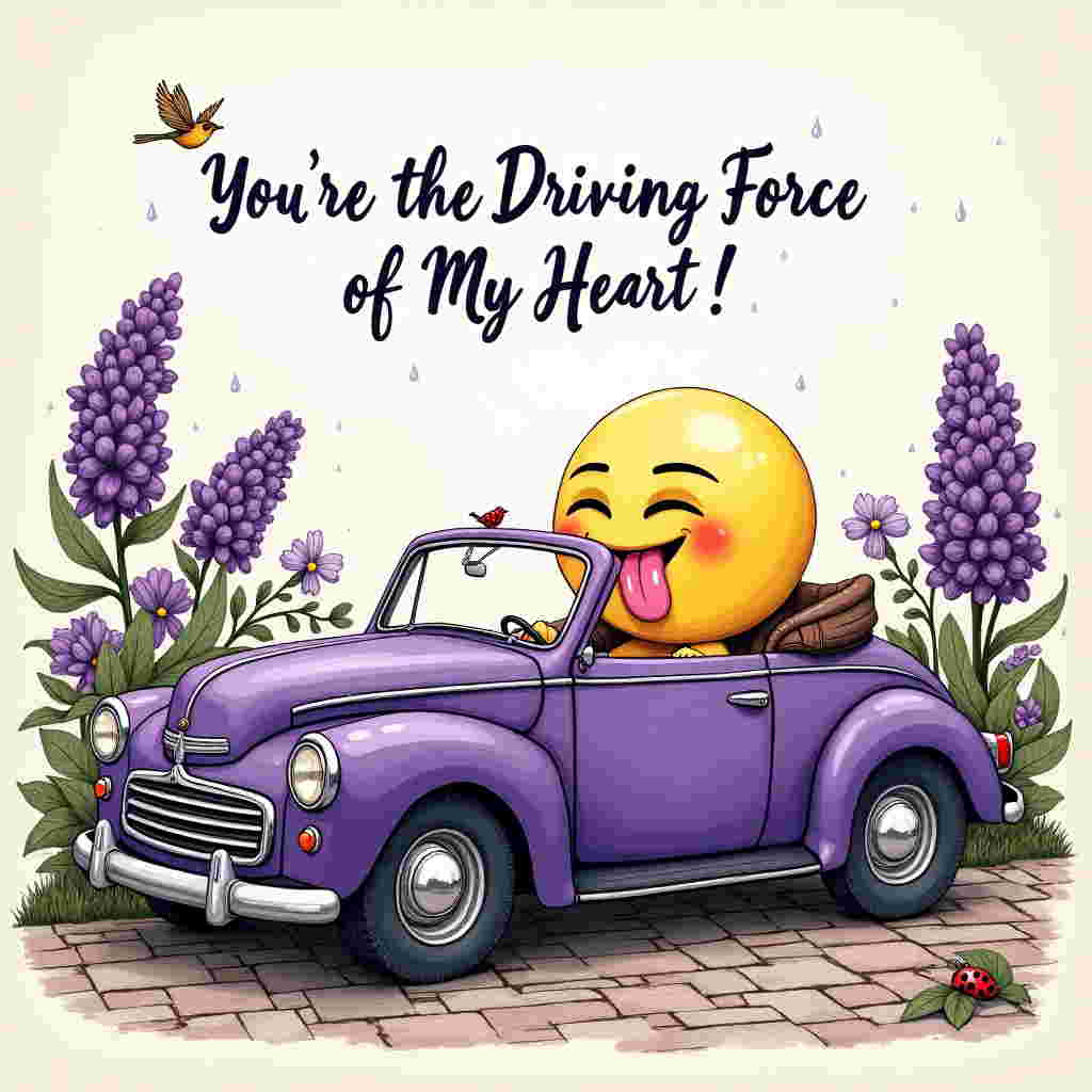 The front cover of this Valentine's Day greeting card presents a playful and vibrant scene with a hand-drawn illustration style. The central focus is a whimsical and detailed representation of a classic, vintage-inspired purple car, reminiscent of something you might find in an Edward Gorey piece. The car is parked on a cobblestone path, its surface glistening with tiny, delicately sketched raindrops, capturing a light sheen in the soft, diffused light of an overcast day.

The background is lush with a variety of meticulously detailed purple and white flowers, their petals intricately drawn, akin to the detailed work of Arthur Rackham. The flowers—ranging from violets to lilacs—create a whimsical garden border that frames the car. Each flower is shaded with a mix of deep purples and crisp whites, their stems and leaves rendered in swirling, organic lines that evoke the style of Aubrey Beardsley.

In the driver's seat of the car sits a large, expressive licking emoji 😋. The emoji is drawn with a cheeky, detailed face, exaggerated for comedic effect in a manner reminiscent of Quentin Blake's work. Its tongue is lapping across the windshield, humorously large and vivid pink, contrasting with the elegant setting around it.

Above the scene, in a stylized, curvy font, the words "You're the Driving Force of My Heart!" arc across the top, the letters intertwined with trailing vines from the flower border. The overall color palette is rich in purples, whites, and soft greens, with touches of gleaming metallic silver accents on the car's details like the door handles and hubcaps, capturing a Maxfield Parrish-like interplay of light.

In the foreground, a few small, hand-drawn elements like a tiny bird perched on the car's side mirror and a ladybug crawling across a petal add charming touches, reminiscent of the delicate detail in Beatrix Potter’s illustrations. The scene is balanced and richly detailed, inviting the viewer to linger and explore every humorous and enchanting element.
Generated with these themes: Purple and white flowers, Purple car, and Licking emoji 😋.
Made with ❤️ by AI.