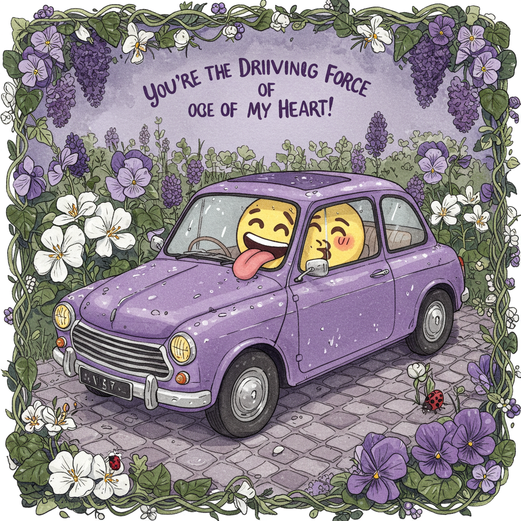 The front cover of this Valentine's Day greeting card presents a playful and vibrant scene with a hand-drawn illustration style. The central focus is a whimsical and detailed representation of a classic, vintage-inspired purple car, reminiscent of something you might find in an Edward Gorey piece. The car is parked on a cobblestone path, its surface glistening with tiny, delicately sketched raindrops, capturing a light sheen in the soft, diffused light of an overcast day.

The background is lush with a variety of meticulously detailed purple and white flowers, their petals intricately drawn, akin to the detailed work of Arthur Rackham. The flowers—ranging from violets to lilacs—create a whimsical garden border that frames the car. Each flower is shaded with a mix of deep purples and crisp whites, their stems and leaves rendered in swirling, organic lines that evoke the style of Aubrey Beardsley.

In the driver's seat of the car sits a large, expressive licking emoji 😋. The emoji is drawn with a cheeky, detailed face, exaggerated for comedic effect in a manner reminiscent of Quentin Blake's work. Its tongue is lapping across the windshield, humorously large and vivid pink, contrasting with the elegant setting around it.

Above the scene, in a stylized, curvy font, the words "You're the Driving Force of My Heart!" arc across the top, the letters intertwined with trailing vines from the flower border. The overall color palette is rich in purples, whites, and soft greens, with touches of gleaming metallic silver accents on the car's details like the door handles and hubcaps, capturing a Maxfield Parrish-like interplay of light.

In the foreground, a few small, hand-drawn elements like a tiny bird perched on the car's side mirror and a ladybug crawling across a petal add charming touches, reminiscent of the delicate detail in Beatrix Potter’s illustrations. The scene is balanced and richly detailed, inviting the viewer to linger and explore every humorous and enchanting element.
Generated with these themes: Purple and white flowers, Purple car, and Licking emoji 😋.
Made with ❤️ by AI.