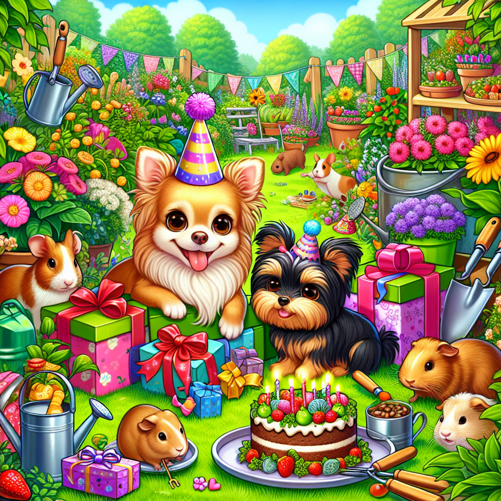 Create a charming cartoon illustration of a birthday party theme set within a luxuriant garden teeming with a myriad of vibrant plants and blooming flowers. In the heart of this festive scene, picture a golden Chihuahua wearing a cute party hat, proudly perched upon a large pile of beautifully wrapped presents. Also in the scene, capture a lively black Yorkshire terrier, adorned with a celebratory hat as well, comically chasing a cluster of Guinea pigs around the lush garden. Intelligently integrate various gardening accessories such as trowels and watering cans into the flora of the garden. Scattered throughout the setting, add in plates brimming with mouthwatering delicacies, among which stands out prominently a beautifully decorated cake accompanied by lit candles, honoring the joyful event.
Generated with these themes: Golden chihuahua , Black Yorkshire terrier , Guinea pigs, Gardening , and Food.
Made with ❤️ by AI.