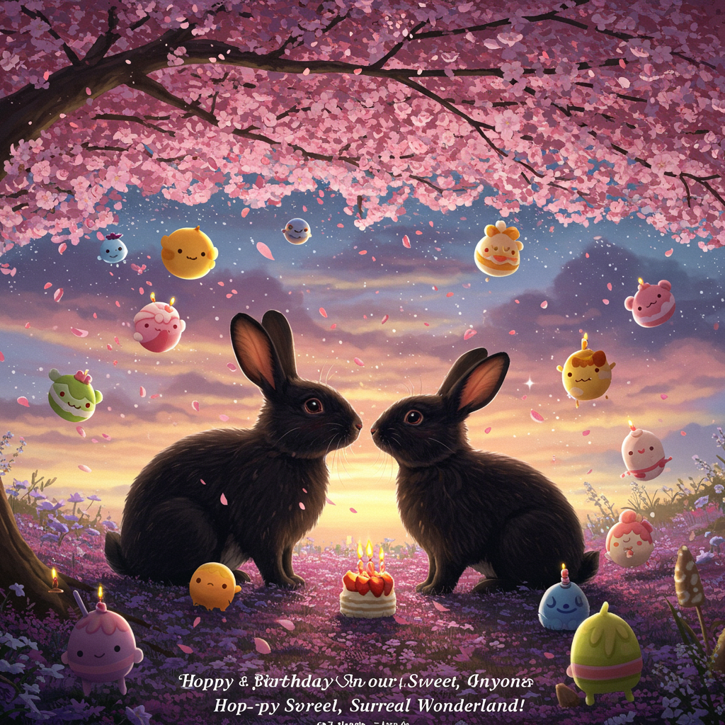 ### Image Prompt

A mesmerizing scene unfolds beneath a cherry blossom tree in full bloom, its delicate pink petals swirling around like a gentle storm. At the heart of this ethereal landscape, a pair of black rabbits emerge: one with a distinctive white nose, the other a black lop, their fur blending seamlessly into the surreal surroundings. Around them, an array of whimsical sweeties float, defying gravity, their vibrant colors contrasting against the twilight-hued sky. The rabbits gaze at each other with eyes filled with wonder, creating an atmosphere of dreamlike romance.

### Caption

"Hop-py Birthday in our Sweet, Surreal Wonderland!"
Generated with these themes: Cherry blossom tree, Black rabbit with white nose, Black lop rabbit , Sweeties , and .
Made with ❤️ by AI.