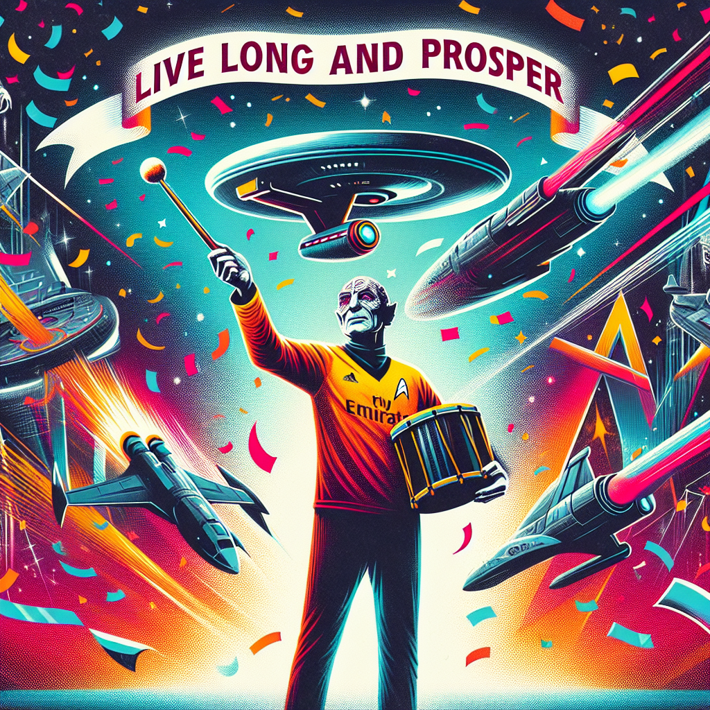 An imaginative, festive scene depicting an unidentified sorcerer, dressed in a football jersey, holding a drumstick in one hand and casting a celebratory magic incantation with the other. The backdrop of the image features a futuristic spacecraft soaring across a vibrant sky filled with confetti. Complementing the whole visual narrative, there are words 'Live Long and Prosper' written in an eccentric, bold font.
Generated with these themes: Voldemort, Star trek , West Ham , and Drums.
Made with ❤️ by AI.