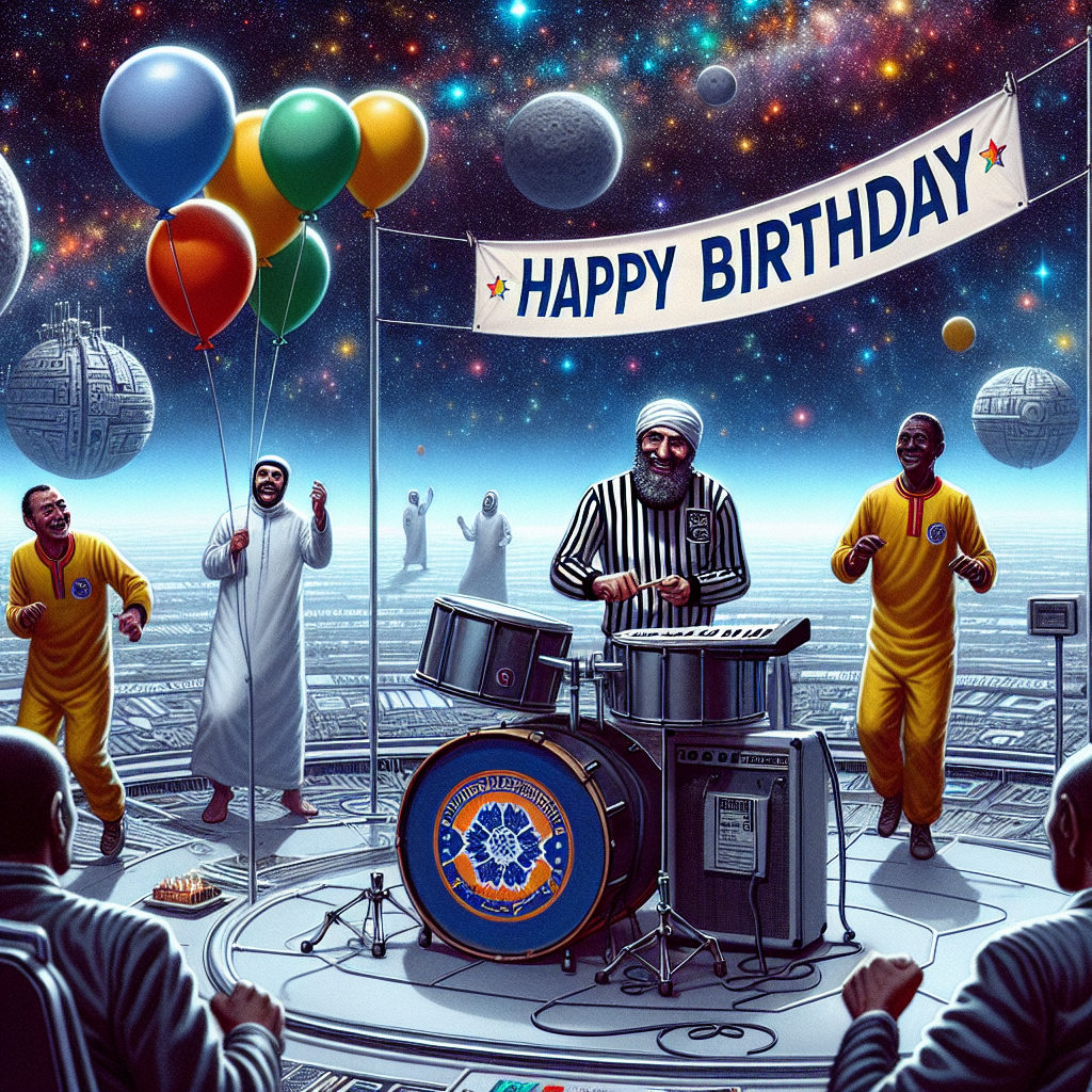 Imagine a jovial event, a birthday celebration in the heart of cosmos. In the thick of it all, a menacing-looking figure in a referee uniform is stationed at a drum set, marked with the emblem of a popular English football club. Accompanying him are two male figures of varying descent, one Middle-Eastern and the other South Asian, engaging in dance steps typical of a joyous occasion. In this zero gravity setting, balloons are suspended mid-air, and a well-wishing banner inscribed 'Happy Birthday' in a futuristic typeface hangs above them. All these occur against the fascinating view of an impregnated starry universe.
Generated with these themes: Voldemort, Star trek , West Ham , and Drums.
Made with ❤️ by AI.