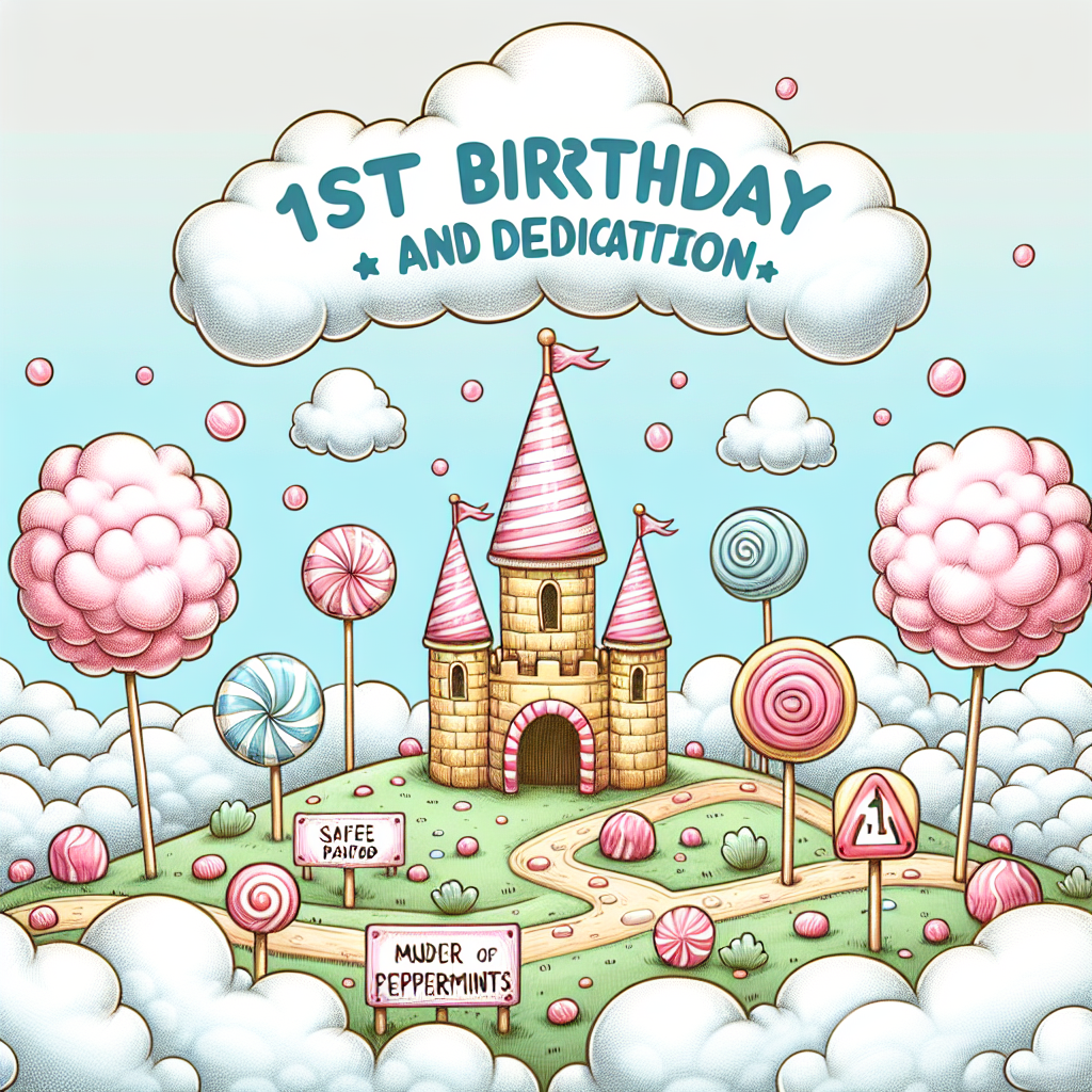 In this cute illustration, a 1st birthday and dedication are celebrated within a Candy Land theme. Cotton candy clouds float above a safe, padded candy-castle play zone. The landscape is dotted with peppermint safety signs to guide the baby. The words '1st Birthday and Dedication' are nestled in the clouds, written in a playful, confectionery script.
Generated with these themes: Candy land theme, 1st birthday, Safety protocols for baby, and Dedication.
Made with ❤️ by AI.