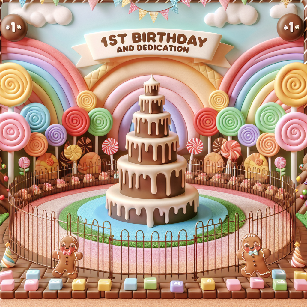 The scene depicts a Candy Land paradise with a focus on a 1st birthday and dedication. A chocolate fountain with a safety fence to keep the baby at a safe distance serves as a backdrop. Lollipop trees encircle a sugar-coated text '1st Birthday and Dedication', while gingerbread characters hold banners and soft marshmallow blocks spell out the baby's age.
Generated with these themes: Candy land theme, 1st birthday, Safety protocols for baby, and Dedication.
Made with ❤️ by AI.