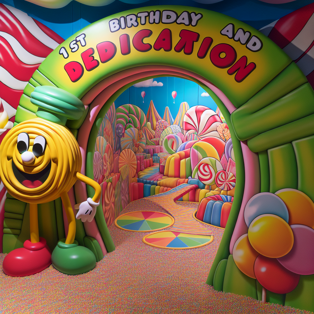 Set in a vibrant Candy Land, the drawing features elements like a protective gumdrop bouncer at the play area's entrance and a soft, bubblegum play mat for safety. In the heart of the scene, a joyful '1st Birthday and Dedication' message is crafted from licorice lace, hovering above the sweet celebration.
Generated with these themes: Candy land theme, 1st birthday, Safety protocols for baby, and Dedication.
Made with ❤️ by AI.