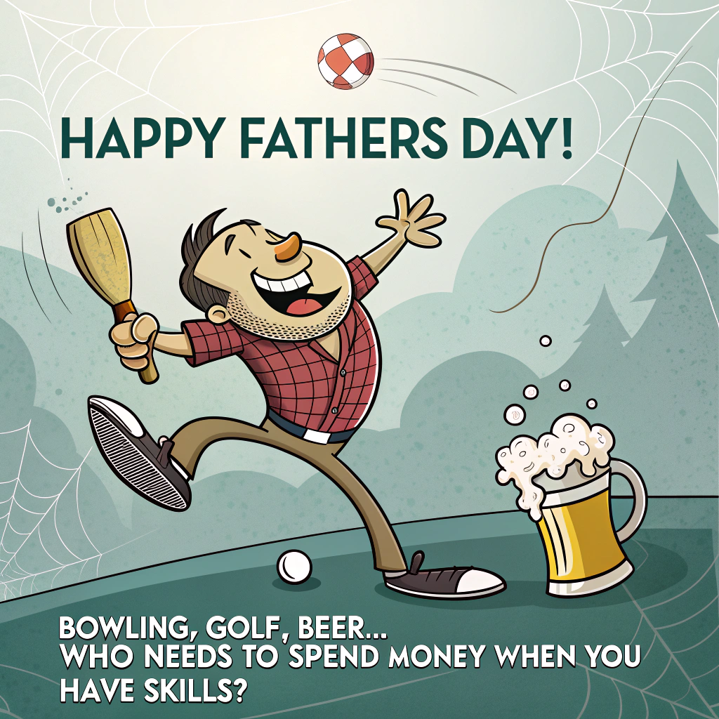 At the top of the image, "Happy Fathers Day!"

At the bottom of the image, "Bowling, Golf, Beer... Who Needs to Spend Money When You Have Skills?"

- In the center of the image, illustrate a comical cartoon scene with an enthusiastic dad juggling a lawn bowling ball, a golf club, and a frothy mug of beer, all while balancing a wallet with a cobweb on it. The dad's grin is wide, and his posture is exaggeratedly energetic, suggesting that he’s having the time of his life without spending a dime!
Generated with these themes: Lawn bowling , Golf, Beer, Not spending money, and .
Made with ❤️ by AI.