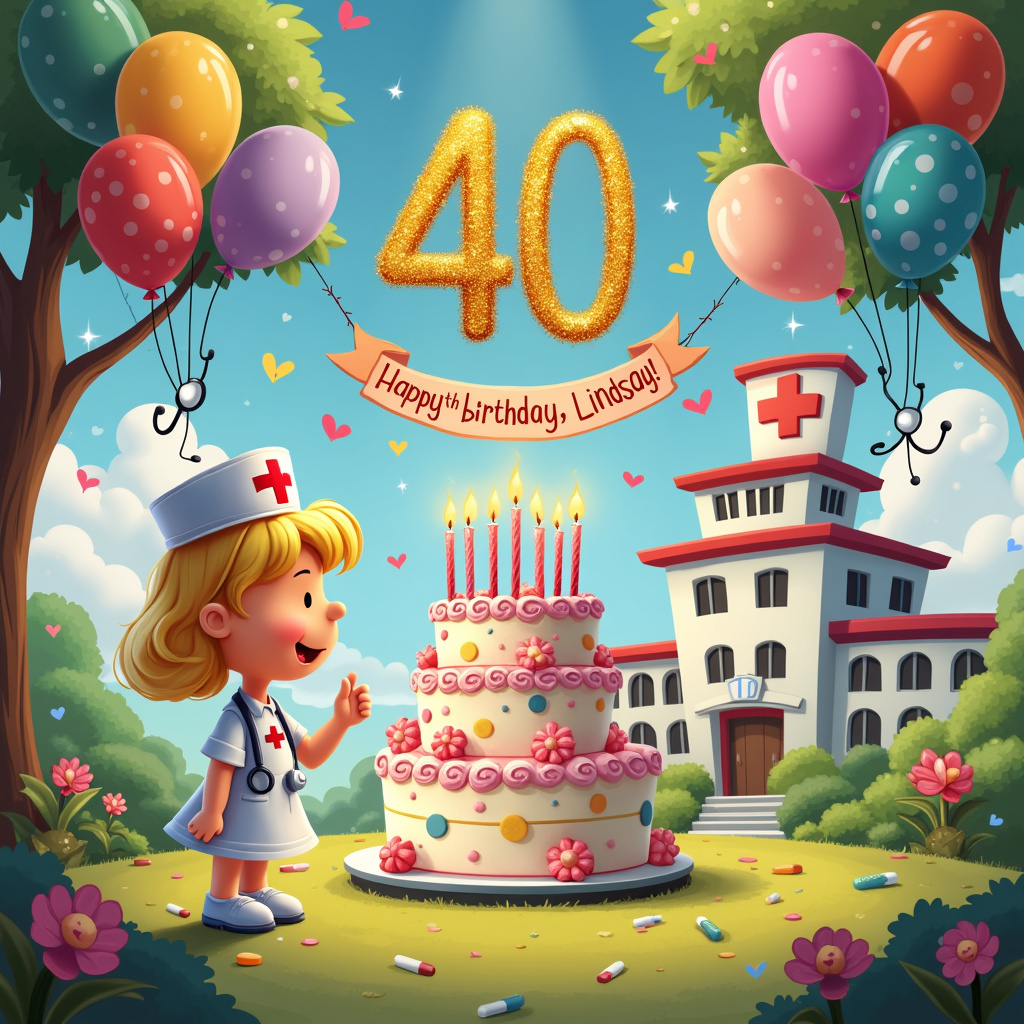 In the center of the scene, let's place a large, festively decorated cake with the number "40" prominently displayed on top in sparkling, glittery candles. The cake itself is multi-tiered with pastel colors and intricate, whimsical designs that would make it look right at home in a Disney film. Surrounding the cake are various colorful balloons, each one with a different cheerful pattern like polka dots, stripes, and stars. 

To the left of the cake, we have a blond nurse in a charming cartoon style, reminiscent of Charles Schulz's Peanuts characters but with a modern twist. She’s wearing a traditional white nurse’s uniform with a bright red cross on the hat and a stethoscope slung casually around her neck. Her face is lit up with a warm, welcoming smile, and she’s holding one of the balloons by its string.

To add a sense of fun and adventure, let's include a scene where the balloons are forming into the shape of Lindsay's name. The balloons stretch high into the sky, each letter composed of a cluster of smaller balloons tightly packed together. The letters are big and bouncy, floating effortlessly in the air.

Behind this central scene, there's a backdrop that features a whimsical, cartoon-style hospital with a red cross on top, inspired by the architectural style you’d see in Hergé’s Tintin. The hospital is surrounded by a beautifully manicured garden with flowers that have a slight glittery sheen to them, catching the light just perfectly.

In the foreground, there’s a banner strung between two trees that says "Happy 40th Birthday, Lindsay!" in bold, glittery letters. The trees have a soft, inviting look, like something you’d see in Winsor McCay’s Little Nemo in Slumberland, with lush, overhanging branches and sparkling leaves.

On the ground around the cake and nurse, scattered stethoscopes lay in various playful poses as if they were thrown in celebration, and confetti shaped like tiny medical symbols (hearts, syringes, and pill bottles) is strewn about.

Each element is meticulously detailed, with vivid colors and a playful, celebratory atmosphere, making it the perfect birthday greeting card for Lindsay.
Generated with these themes: 40th birthday, Balloons, Stethoscope , Glitter , and Blond nurse .
Made with ❤️ by AI.