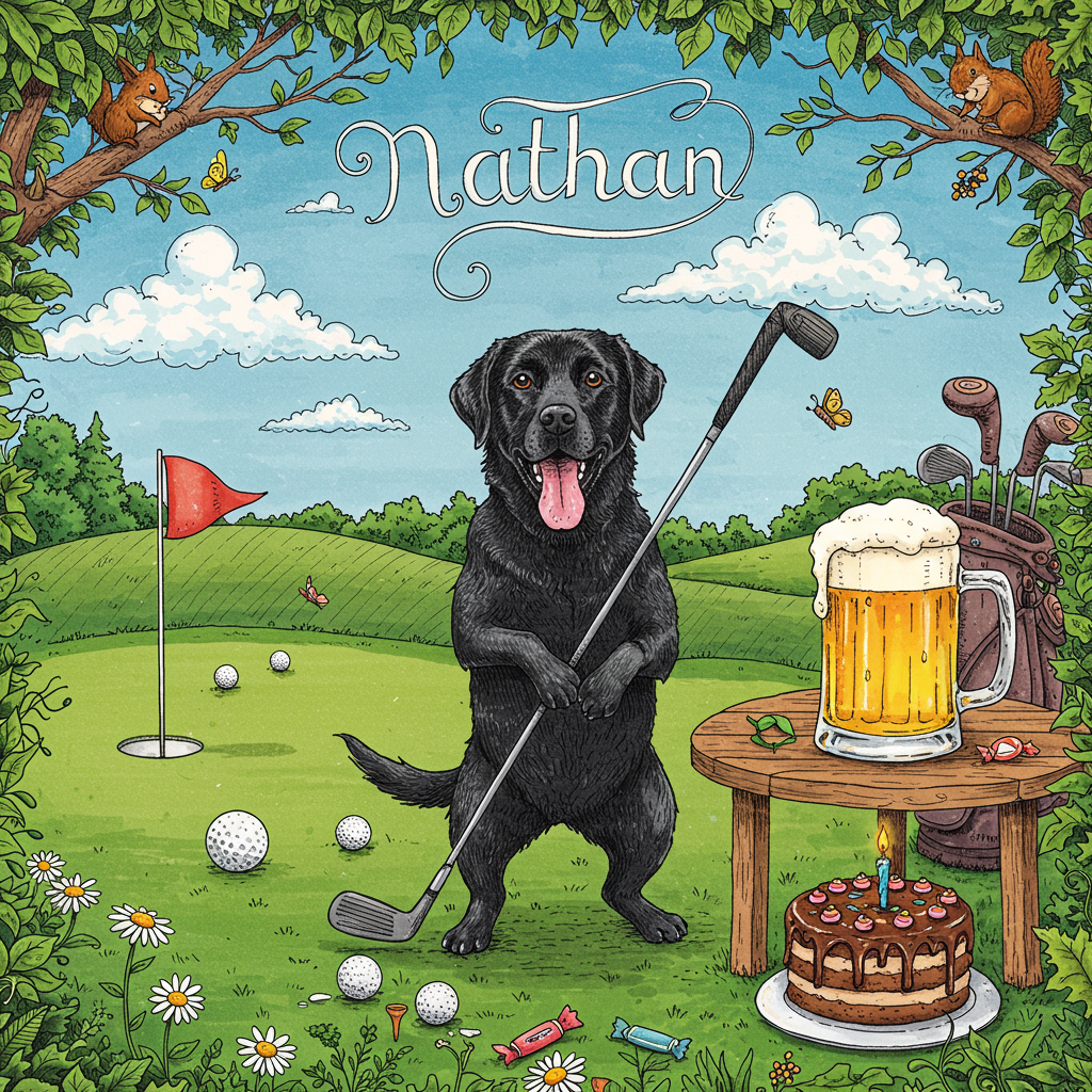 Picture a lively, hand-drawn birthday card scene infused with detailed whimsy. At the center, a gleeful black Labrador, tongue lolling, stands on its hind legs, clutching a golf club awkwardly in its front paws. The dog's glossy fur, inked with intricate textures, shines under a vivid blue sky, where fluffy, white clouds drift lazily. Just above the dog's head, a skywriting airplane spells out "Nathan" in curvaceous letters, the text trailing like smoke across the azure backdrop.

To the left, a vibrant green golf course stretches out, its rolling hills peppered with tiny daisies and vibrant butterflies. In the foreground, a golf hole with a bright red flag flaps in a gentle breeze, and scattered around are comically large golf balls, some with exaggerated dimple textures.

On the right, a rickety wooden table hosts a frothy mug of beer, foam cascading like a waterfall over the rim. The mug is large and inviting, its amber hues catching glints of sunlight. Nearby, a small round birthday cake sits, its layers meticulously frosted in rich chocolate, topped with mini golf ball-shaped candies and a singular candle flickering merrily in the breeze.

Surrounding the scene, a fringe of lush, detailed trees with twisting branches frames the composition. The leaves are rendered with fine, delicate strokes, echoing the intricate line work of Edward Gorey and the imaginative lushness of Beatrix Potter. Hidden among the foliage, a cheeky squirrel holds a golf tee, its bushy tail captured in a swift, fluid line reminiscent of Quentin Blake's work.

The entire illustration pulses with a blend of detailed realism and playful absurdity, merging the charm of Maurice Sendak's storytelling with the vibrant narrative richness of N.C. Wyeth.
Generated with these themes: Black dog , Golf , and Beer .
Made with ❤️ by AI.