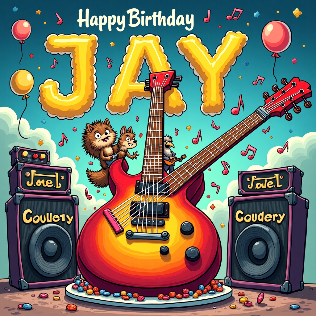 In the vibrant, cartoonish realm of this birthday card, a rockin' birthday scene unfolds with a "Megadeth style" twist. Imagine a large, extravagant cake shaped like an electric guitar, its strings made of colorful licorice, and the body painted with blazing red and black hues, reminiscent of a classic heavy metal aesthetic. Perched on top of the cake is a tiny, animated rock band of animals—think a hedgehog with a spiky hairdo pounding on a drum set made from upturned cupcake liners, a squirrel strumming on a tiny bass guitar, and a crow, wings spread wide, belting out a birthday anthem into a candy-cane microphone.

In the backdrop, towering amps, drawn in a whimsical, slightly exaggerated manner like R. Crumb might do, flank the cake, vibrating with cartoonish energy lines to indicate the loud music blaring. Music notes float in the air, swirling around like confetti. Alongside these, balloons shaped like musical notes and records hover around, adding a touch of celebration to the scene. A comical amplifier head stands nearby, grinning mischievously with large eyes and a toothy grin, perhaps a nod to Will Eisner’s expressive characters.

Above this musical fiesta, the sky is a tapestry of swirling colors reminiscent of Hergé's clear, detailed lines. Here, clouds morph into the letters "JAY," each cloud letter puffy and pronounced, forming a cheerful "Happy Birthday JAY" banner across the sky. In the foreground, the card's recipient's name "JAY" is cleverly incorporated into the frosting of the cake itself, spelled out in bold, chunky frosting letters that seem to scream rock 'n' roll.

The entire scene exudes a playful yet rockin' vibe, merging the style elements of Schulz's whimsy and Watterson's imaginative flair, creating a truly unique birthday card scene for JAY that tells a story of an unforgettable, music-filled celebration.
Generated with these themes: megadeth style birthday cake plus some music related things around it .
Made with ❤️ by AI.