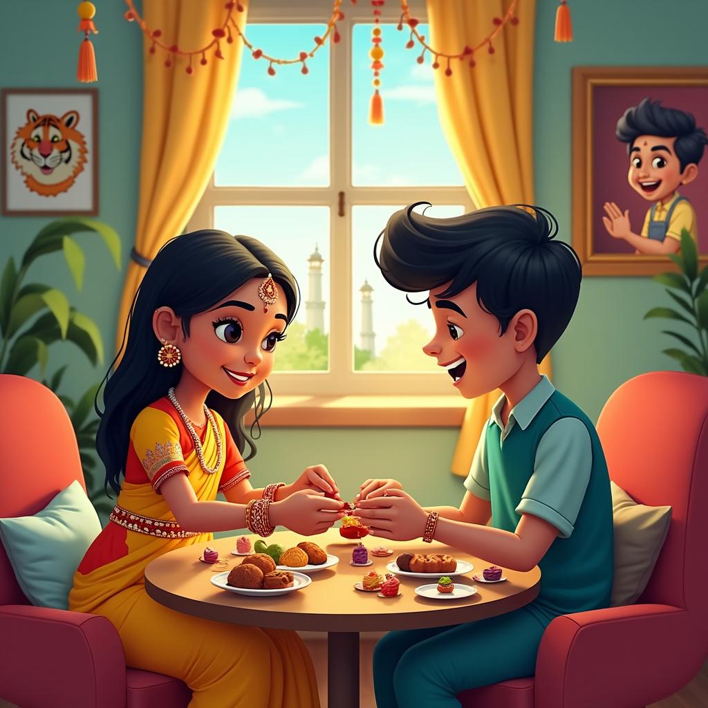 In a cozy, vibrantly colored room, adorned with festive streamers and rich cultural motifs inspired by Indian heritage, a warm and joyful scene unfolds. At the center stands a round wooden table, beautifully laden with an array of colorful sweets, including laddoo, barfi, and jalebi, each crafted with happy faces that add a whimsical touch. An Indian girl, dressed in a bright traditional outfit decorated with intricate designs, is playfully tying a beautifully patterned rakhi on her brother's wrist, a radiant smile illuminating her face. Her brother, clad in casual modern clothing with a slightly cartoonish flair, sits across from her, displaying an exaggeratedly surprised and touched expression, one hand holding the rakhi she is tying for him.

Beside the brother, a hilariously oversized wrapped present hints at the sister's humorous generosity, while an open greeting card next to the sweets features a cartoonish depiction of the sibling duo. The card reads, "Happy Rakshabandhan to you with love from your sister," in lively, comic-style font, further celebrating their bond. The window in the background showcases a playful Indian landscape, including a whimsical interpretation of the Taj Mahal and a cartoon tiger wearing a party hat. Completing the scene is a caricatured family portrait on the wall, depicting the siblings surrounded by exaggeratedly proud parents, reminiscent of the beloved 'The Family Circus' comic strip. Above it all, a colorful Rakshabandhan banner stretches across the upper corner, adorned with bold, bubbly letters and delightful illustrations of fireworks and musical notes. 

This charmingly festive atmosphere epitomizes the joy and love shared on this special occasion of Rakshabandhan. 
Made with ❤️ by AI.
Generated with these themes: A table full of sweets, an Indian girl celebrating Rakshabandhan with her brother, Happy Rakshabandhan to you with love from your sister.