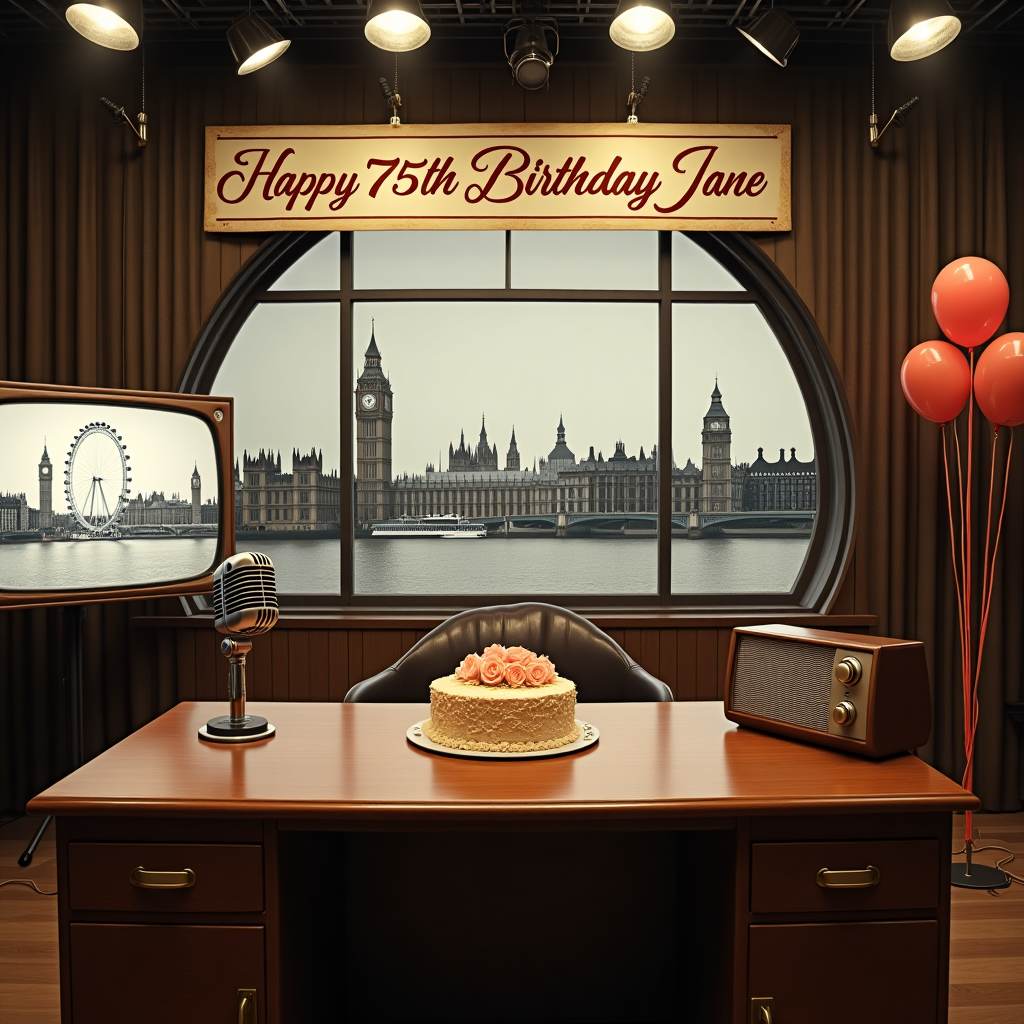 The birthday card front cover is a mesmerizing snapshot of a vintage BBC Studio, meticulously staged to celebrate Jane's 75th birthday. At the center of the photograph is a classic wooden desk, reminiscent of those from the 1950s, adorned with a vintage microphone and an old-fashioned radio set, both reflecting the golden age of broadcasting. On the desk sits a modest birthday cake, decorated with elegant sugar roses, and the words "Happy 75th Birthday Jane" piped in bold, sophisticated icing on top. Behind the desk, a floor-to-ceiling backdrop mimics the iconic BBC logo, cleverly incorporating elements of Jane’s life story through small, subtle details woven into the design, such as tiny microphones and birthday balloons. The studio is softly lit by authentic stage lights that cast a warm glow, and to the left, a black-and-white television screen displays a montage of memorable broadcasts, each frame celebrating different eras. Above it all, suspended from the rafters is a large banner that reads "Happy 75th Birthday Jane" in vintage lettering. In the background, through a large window, the skyline of 1960s London is visible, with Big Ben and the London Eye subtly etched into the horizon, giving the scene a perfect blend of nostalgia and celebration.
Generated with these themes: BBC Studio.
Made with ❤️ by AI.