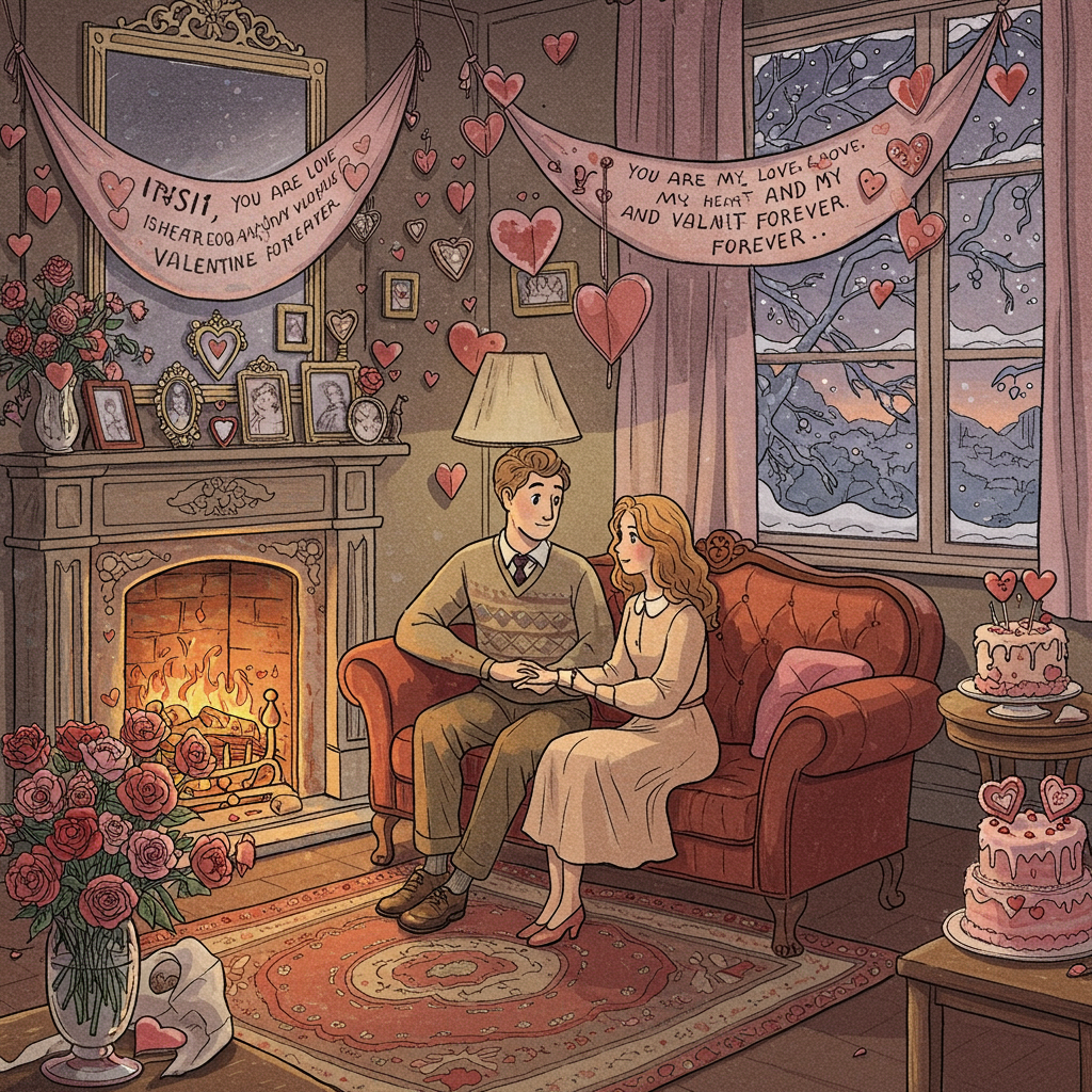 Front and center, in a style reminiscent of Norman Rockwell's warm and nostalgic scenes, illustrate a cozy, intimate living room setting. At the heart of the scene, a couple sits on a plush, vintage loveseat. The gentleman, with a gentle touch of Arthur Rackham’s detail, tenderly holds the lady's hand. Both wear timeless attire; the gentleman in a classic sweater and slacks, and the lady in a soft, elegant dress, echoing the charm of Beatrix Potter’s character clothing.

In the background, an ornate Victorian-style fireplace exudes warmth, its mantel adorned with a collection of heart-shaped frames capturing cherished moments, perhaps inspired by Quentin Blake’s expressive line work. The hearth is a glowing tapestry of reds, pinks, and warm golds, casting a gentle light across the room.

Suspended above, a whimsical array of cascading paper hearts, akin to Maxfield Parrish’s dreamy hues, swirls softly, creating a romantic ambiance. A large banner, whimsically draped across the room with Aubrey Beardsley’s flair for elegant curves, carries the heartfelt message: “Irisi, you are my Love, my Heart, and my Valentine forever...”

A small side table holds a vase of red and pink roses, their petals detailed with Gustave Doré’s intricate precision. Next to it, a two-tiered cake, decorated with delicate sugar hearts, subtly echoes Maurice Sendak’s playful yet intricate touch.

Through a nearby window, Edward Gorey-inspired silhouettes of tree branches, dusted with a gentle snowfall, frame a serene evening sky painted with hues of lavender and dusk-blue. This ethereal backdrop serves as a perfect setting for the timeless narrative of love, beautifully captured in this Valentine’s Day card.
Generated with these themes: something romantic with hearts.
Made with ❤️ by AI.