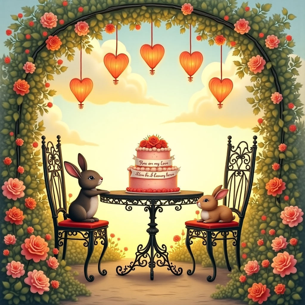 **Front Cover Illustration Description:**

The scene takes place in a quaint, romantic garden reminiscent of a Beatrix Potter storybook, but with the detail and expression typical of a Maurice Sendak piece. Picture an intimate, whimsical garden lit by the gentle, golden glow of late afternoon sunlight. This garden is lush and abundant, filled with delicate flowers like roses, peonies, and daffodils, their petals a palette of soft pinks, creams, and corals, all swaying gently in a light breeze.

In the center of the garden stands an antique wrought-iron table and chairs set, the metal work detailed in intricate, swirling patterns, as if designed by Aubrey Beardsley himself. On the table is a two-tiered cake, elaborately decorated with cascading sugar flowers and topped with a tiny banner made of delicate, pastel-colored paper. Inscribed in elegant calligraphy on the banner are the words: "Irisi you are my Love, my Heart, and my Valentine forever."

In the background, a trellis arches gracefully overhead, entwined with climbing ivy and more roses, a nod to Arthur Rackham's love for nature's intricacies. Beneath this trellis, hanging gently and swaying with the wind, are strings of heart-shaped paper lanterns. The lanterns glow warmly, their light catching in the gold and pink hues of the surrounding flowers, creating a dreamy, enchanting atmosphere.

Around the table, small animals—rabbits, hedgehogs, and birds reminiscent of a Norman Rockwell painting—gather and frolic. These creatures add a sense of playful life to the scene, their fur and feathers rendered with exquisite detail in shades of tawny brown, slate grey, and snowy white.

In the distant sky, clouds painted with the vivid, almost surreal quality of Maxfield Parrish drift lazily by, subtly framing the scene with their dreamlike presence. Hidden among these clouds, as if painted by the hand of Quentin Blake, are faint wisps of heart shapes, playfully echoing the Valentine theme.

This illustration is vibrant, yet soft, detailed yet approachable, capturing both the intricacy of the natural world and the warmth of human affection.
Generated with these themes: something romantic with hearts.
Made with ❤️ by AI.