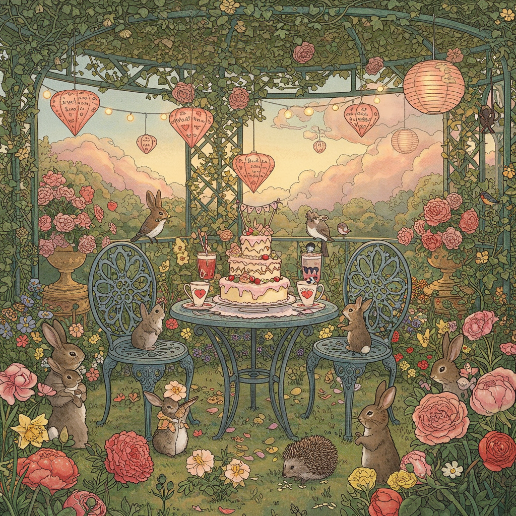 **Front Cover Illustration Description:**

The scene takes place in a quaint, romantic garden reminiscent of a Beatrix Potter storybook, but with the detail and expression typical of a Maurice Sendak piece. Picture an intimate, whimsical garden lit by the gentle, golden glow of late afternoon sunlight. This garden is lush and abundant, filled with delicate flowers like roses, peonies, and daffodils, their petals a palette of soft pinks, creams, and corals, all swaying gently in a light breeze.

In the center of the garden stands an antique wrought-iron table and chairs set, the metal work detailed in intricate, swirling patterns, as if designed by Aubrey Beardsley himself. On the table is a two-tiered cake, elaborately decorated with cascading sugar flowers and topped with a tiny banner made of delicate, pastel-colored paper. Inscribed in elegant calligraphy on the banner are the words: "Irisi you are my Love, my Heart, and my Valentine forever."

In the background, a trellis arches gracefully overhead, entwined with climbing ivy and more roses, a nod to Arthur Rackham's love for nature's intricacies. Beneath this trellis, hanging gently and swaying with the wind, are strings of heart-shaped paper lanterns. The lanterns glow warmly, their light catching in the gold and pink hues of the surrounding flowers, creating a dreamy, enchanting atmosphere.

Around the table, small animals—rabbits, hedgehogs, and birds reminiscent of a Norman Rockwell painting—gather and frolic. These creatures add a sense of playful life to the scene, their fur and feathers rendered with exquisite detail in shades of tawny brown, slate grey, and snowy white.

In the distant sky, clouds painted with the vivid, almost surreal quality of Maxfield Parrish drift lazily by, subtly framing the scene with their dreamlike presence. Hidden among these clouds, as if painted by the hand of Quentin Blake, are faint wisps of heart shapes, playfully echoing the Valentine theme.

This illustration is vibrant, yet soft, detailed yet approachable, capturing both the intricacy of the natural world and the warmth of human affection.
Generated with these themes: something romantic with hearts.
Made with ❤️ by AI.